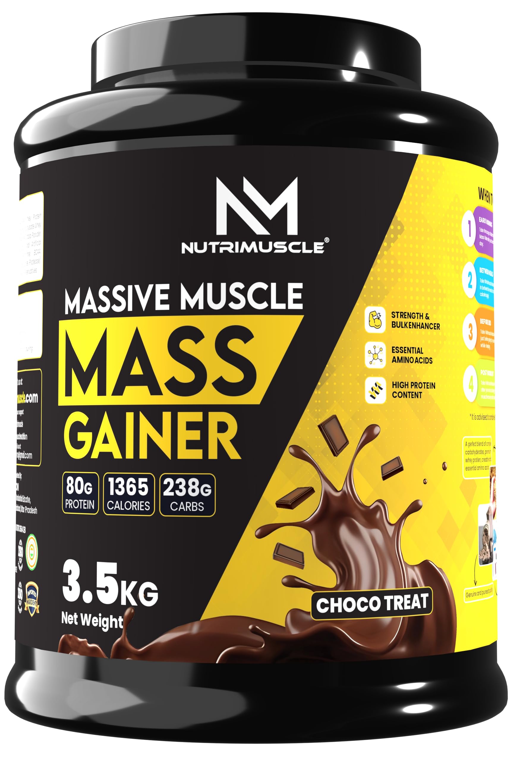 Nutrimuscle Massive Muscle Mass Gainer - 3.5kgs - Choco Treat (Chocolate) Flavour for Mass, Muscle, Power & Strength Gain - Contains Complex Carbohydrates, Whey Protein, BCAA , Digestive Enzymes & Essential Vitamins & Minerals - Also Contains Nutrimuscle CREATINE MONOHYDRATE - High protein Gainer