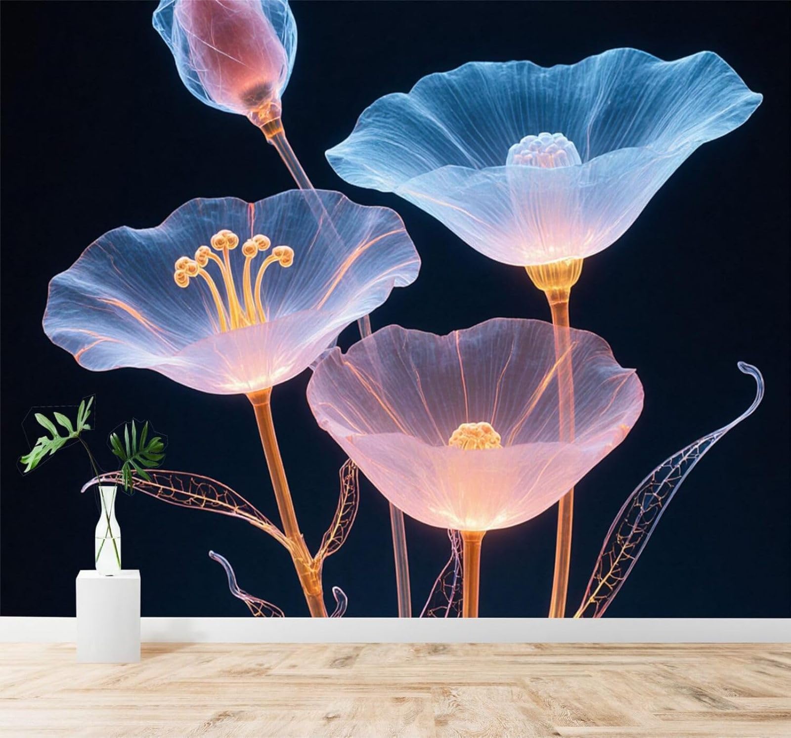 XLMING Glowing Transparent Flowers Neon Effect Dark Background 3D Wallpaper Silky Texture Home Study Office Grey Dining Room Sofa Bedroom Living Room TV Backdrop-400cm×280cm