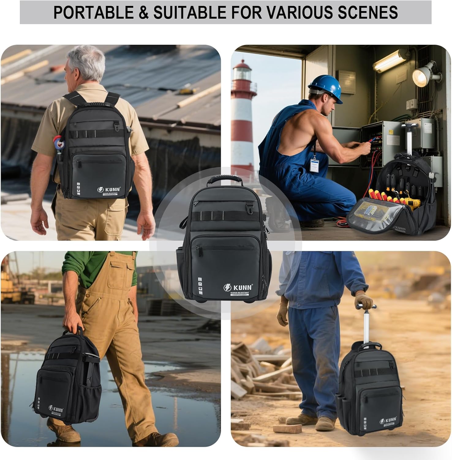 KUNN Rolling Tool Backpack with Wheels, Heavy Duty Waterproof Wheeled Tool Bag, 47 Pockets & Loops Work Backpack for Electrician Construction HVAC, Black