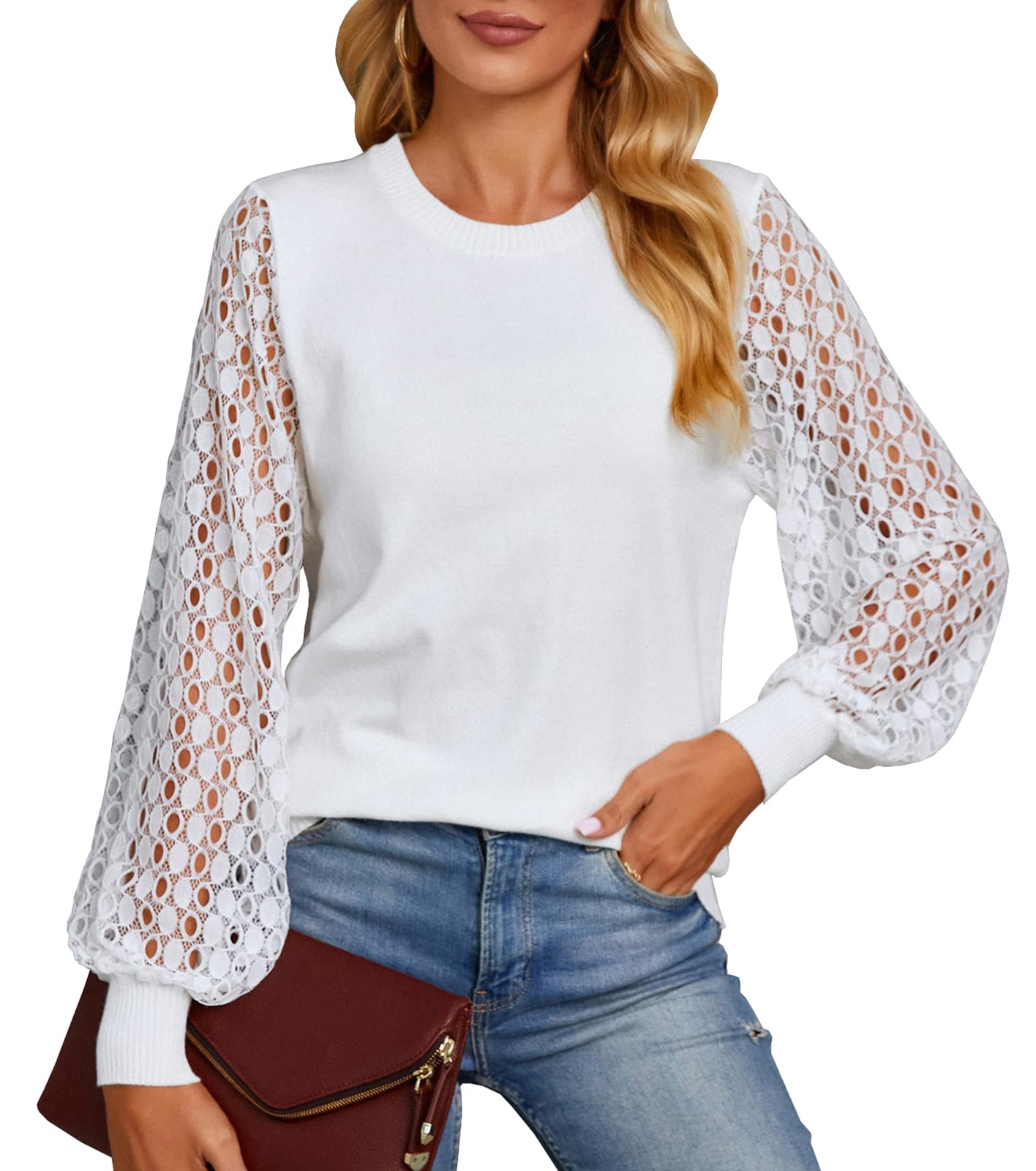 DAIMIDYWomen's Pullover Sweaters Soft Tops，Short Sleeves and Long Sleeves, Hollow Out White, XL