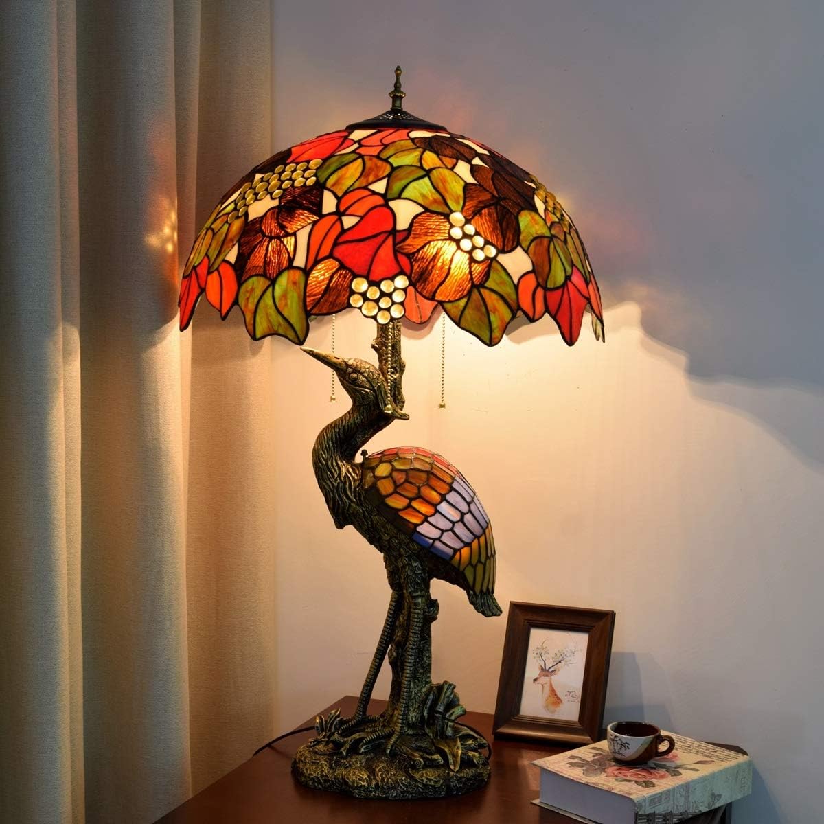 Handmade Stained Glass Table Lamp Tiffany Style Male Crane Desk Lamp,50CM Brown Grape Glass Lampshade Night Light Suitable for Decorating Room Table Lamp