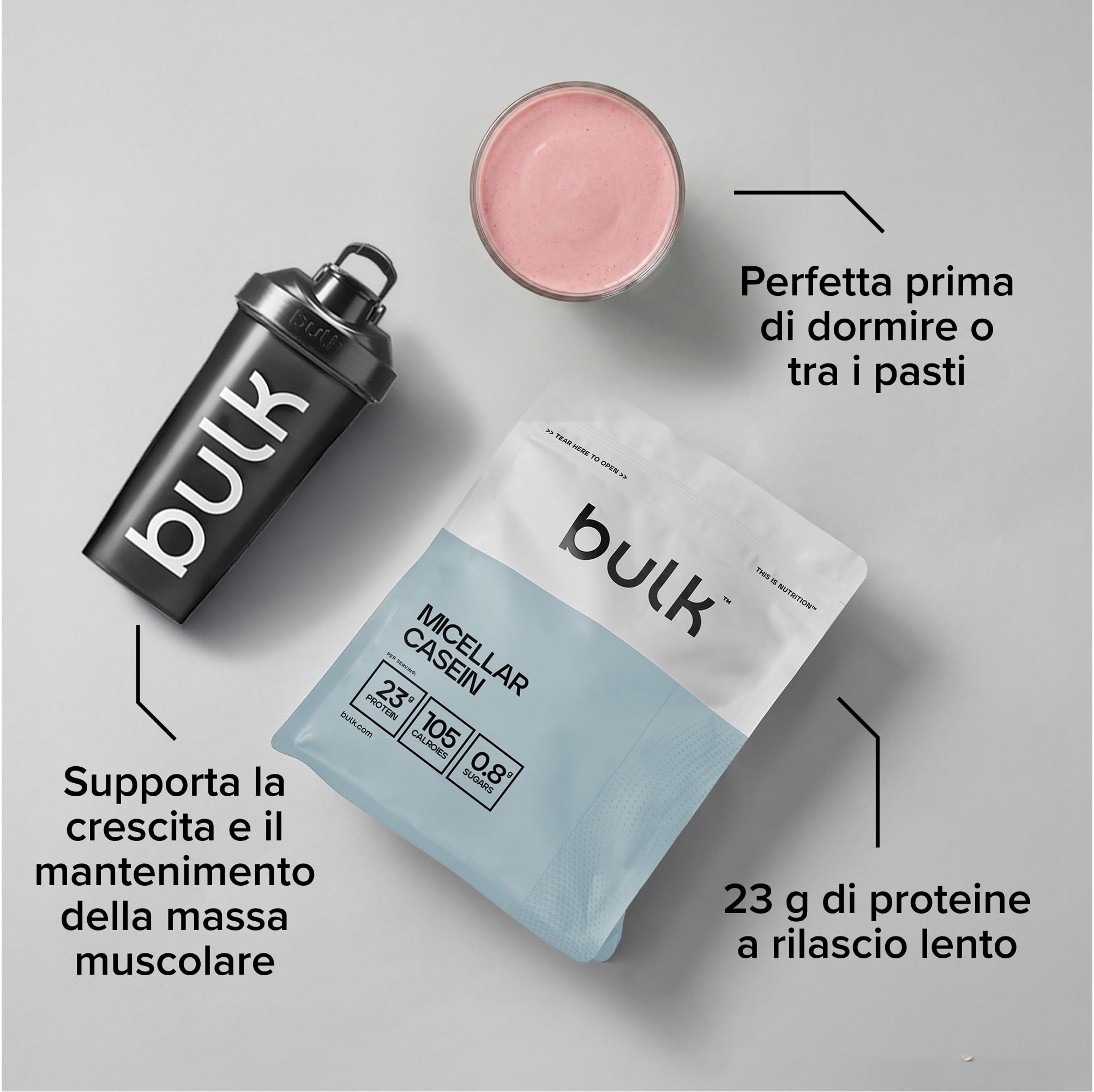 Bulk Caseina micellare, Frullato proteico, Fragola, 2.5 kg, 83 porzioni