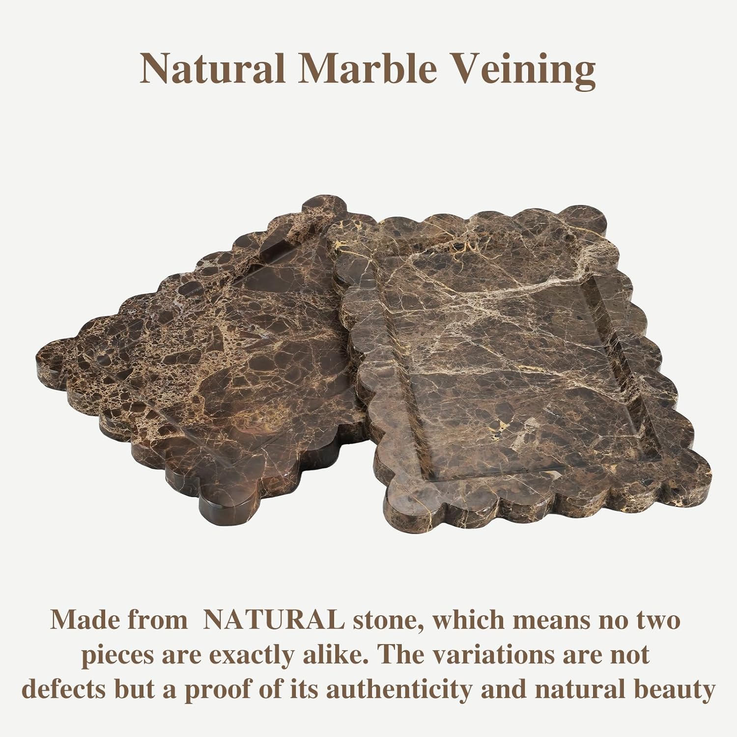 Rectangle Marble Tray with Scalloped Edge, Dark Brown Decorative Tray for Bathroom Vanity, Kitchen Counter, Dresser Top Organizer, Perfume Jewelry Holder, 11x8 Inch Natural Stone Home Décor