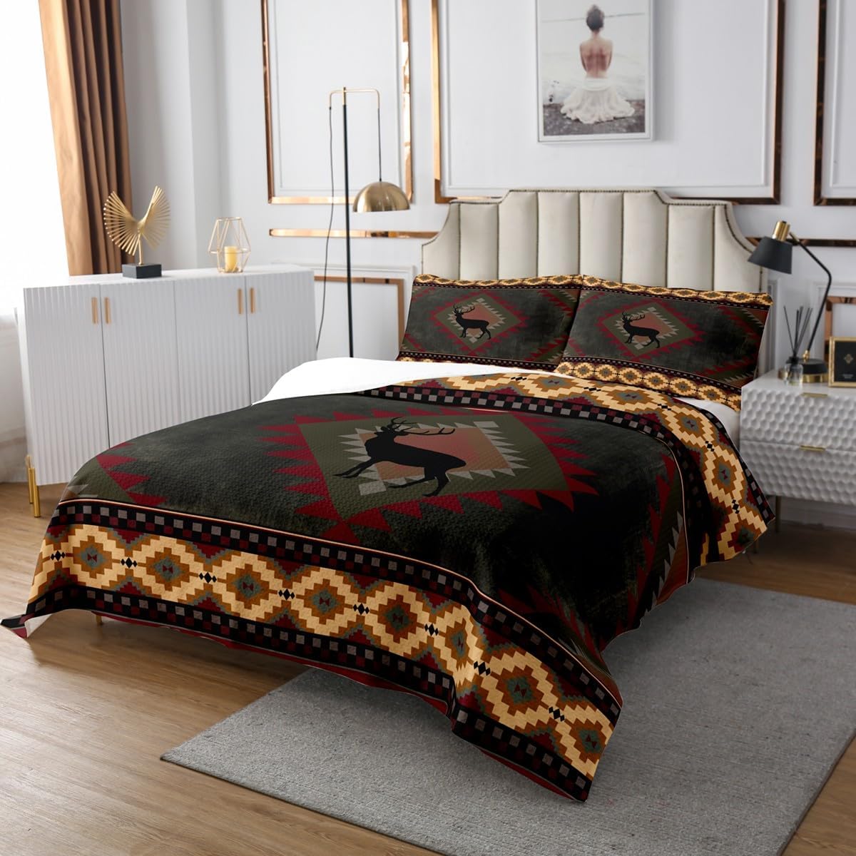 Erosebridal Rustic Deer Pattern Coverlet Set Queen Country Hunting Woodland Bedspread Boho Western Aztec Quilt Set for Kids Adults,Bohemian Geometric Bedding Quilted