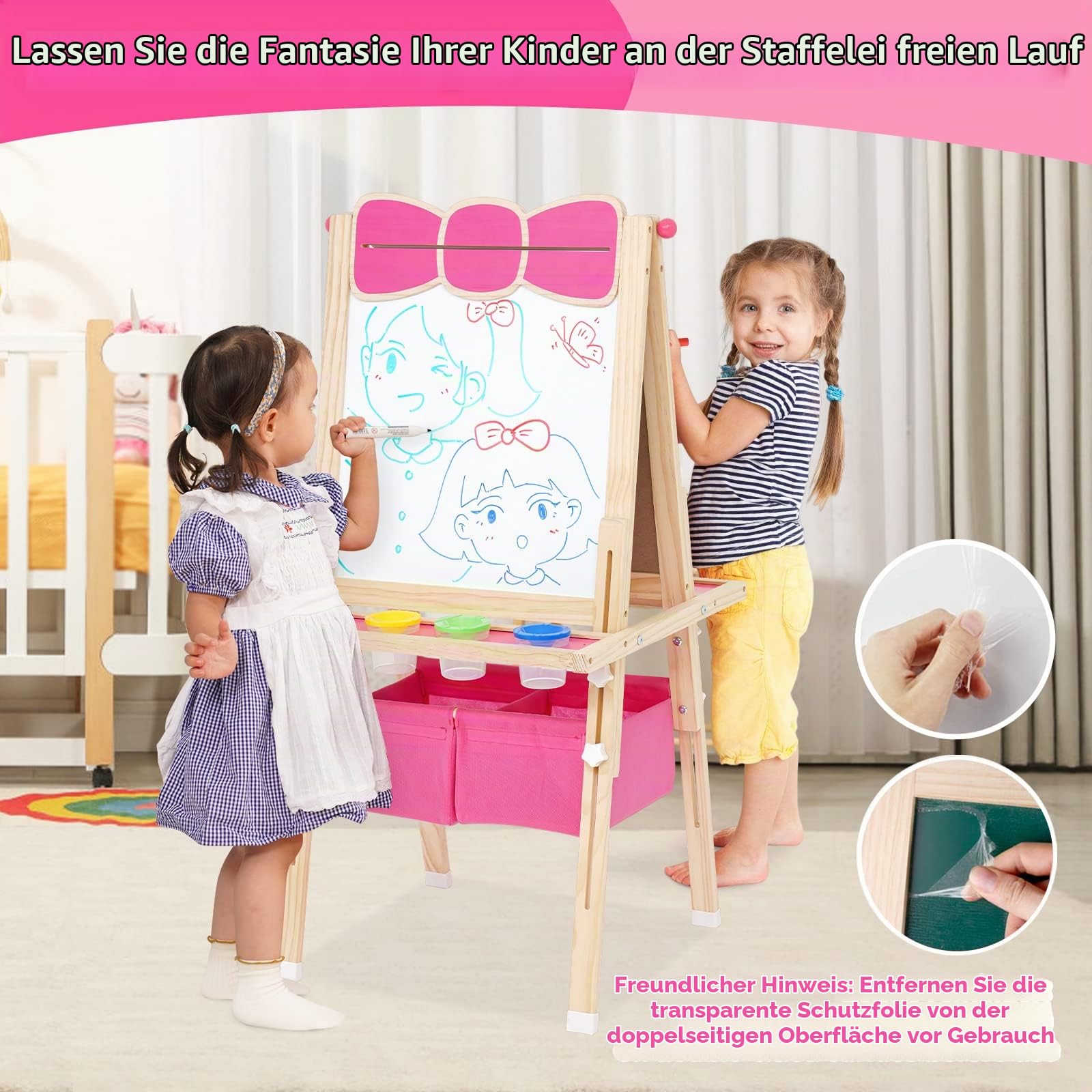 Kinderstaffelei aus Holz, Staffelei Kinder ab 3 Jahren. Kindertafel Höhenverstellbar mit Papierrolle, Kreidetafel, Whiteboard, Malset und Aufbewahrungstasche. Standtafel Kinder Rosa