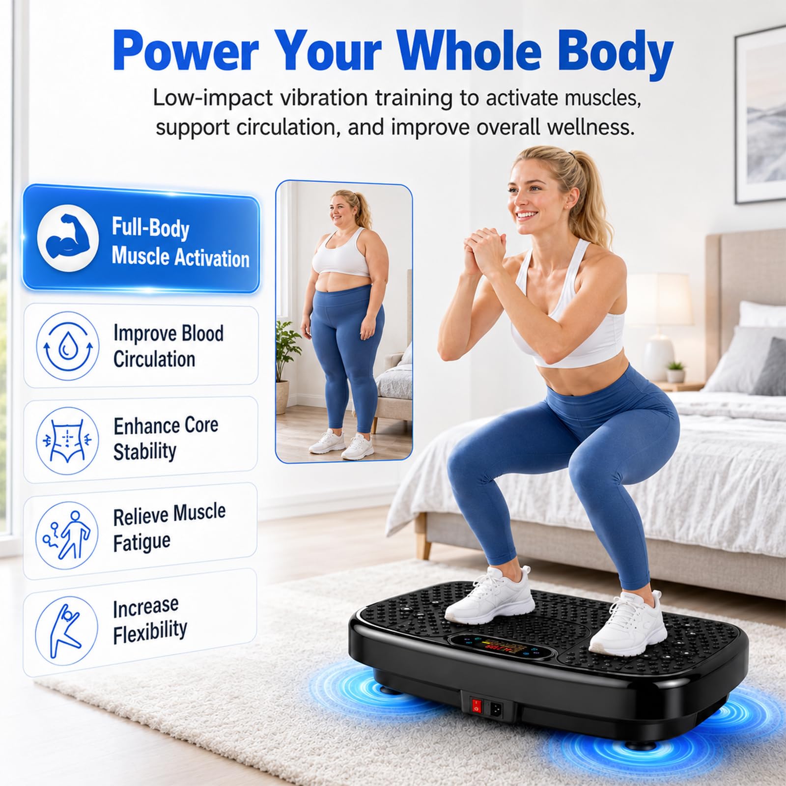 Płyta wibracyjna z 199 poziomami prędkości, 7 trybów automatycznych | Głośniki Bluetooth i taśmy oporowe, trenażer wibracyjny całego ciała do fitnessu, relaksu mięśni i treningu domowego