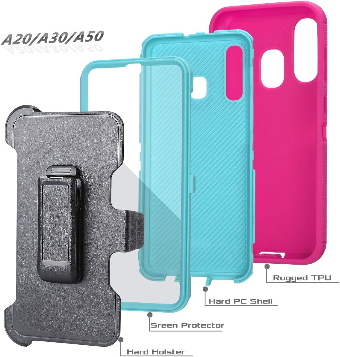 Annymall Galaxy A50 Case,Galaxy A20 Case,Galaxy A30 Case, Heavy Duty [with Kickstand & Built-in Screen Protector] Defender Armor Protective Cover for Samsung Galaxy A20/A30/A50 (Rose/Green)