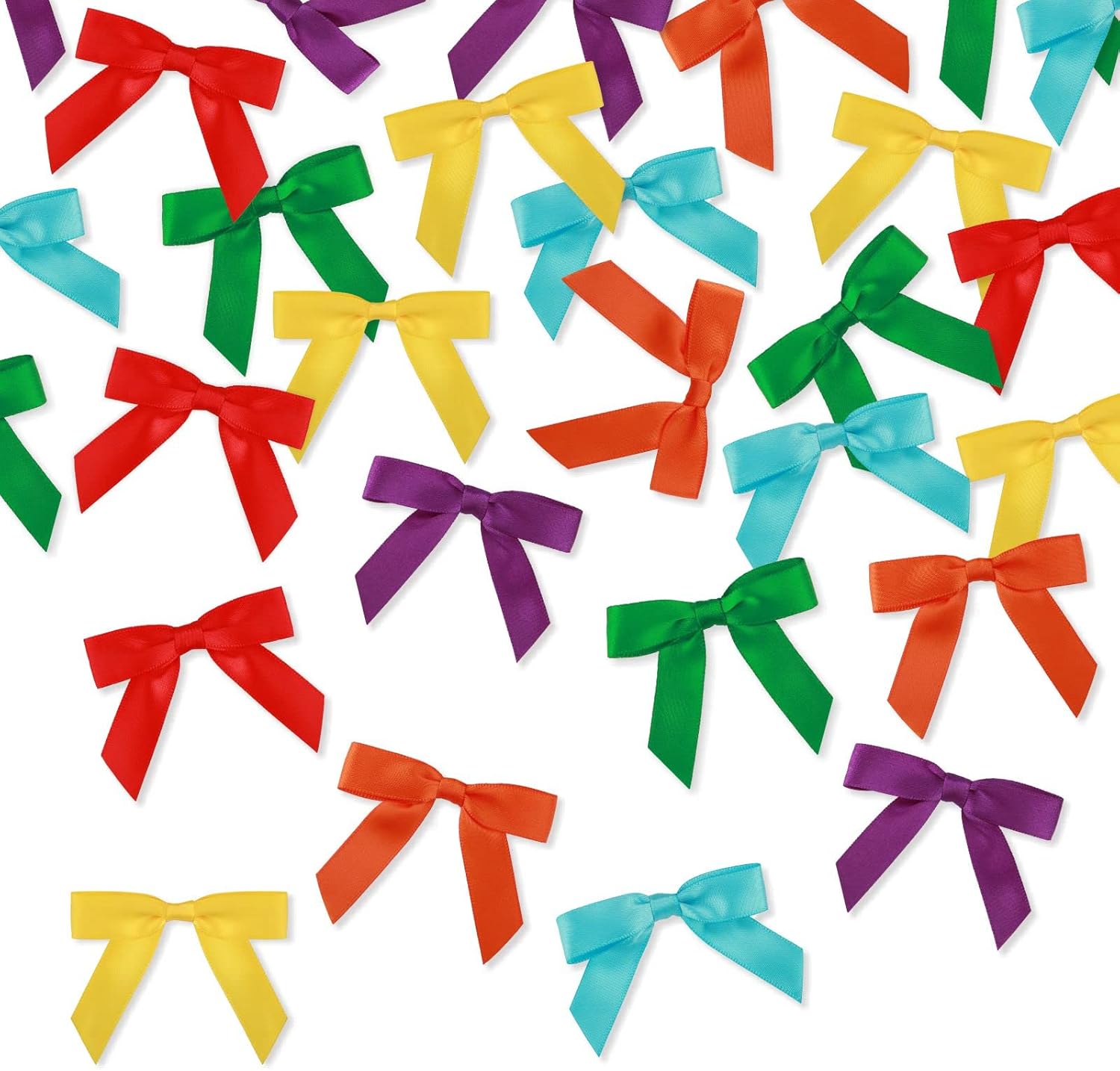2.5 Inch Satin Ribbon Twist Tie Bow 60 Pcs 6 Colors Pretied Premade Craft Bows for Treat Bags Gift Wrapping Basket Wedding Baby Shower Brithday Christmas Party(Rainbow) - Image 2