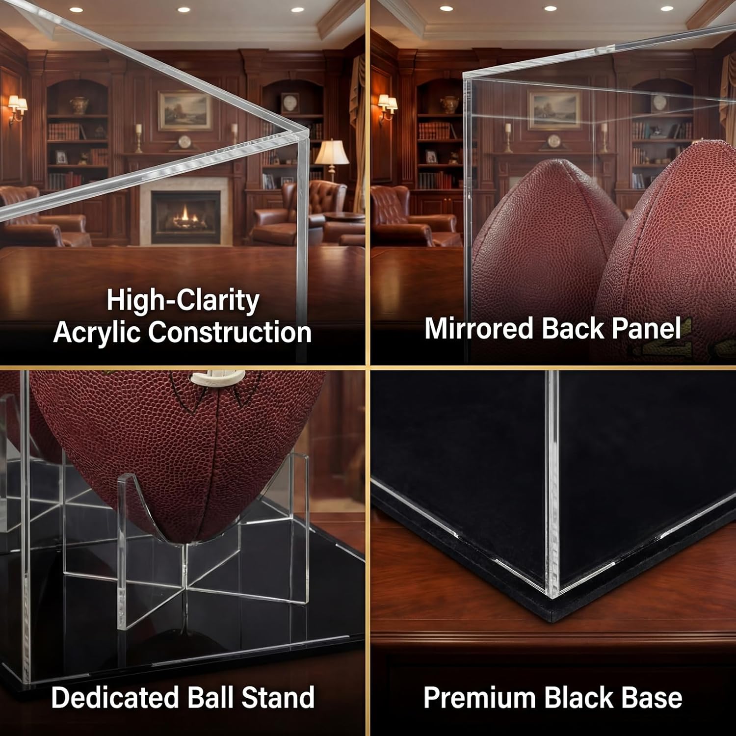 15 x 9 x 8 Inches Clear Acrylic Football Display Case for Full Size Ball Mirror Field Base Display Box Shelf for Signed Football Helmet or Figures with UV Protection Clear Dustproof Showcase