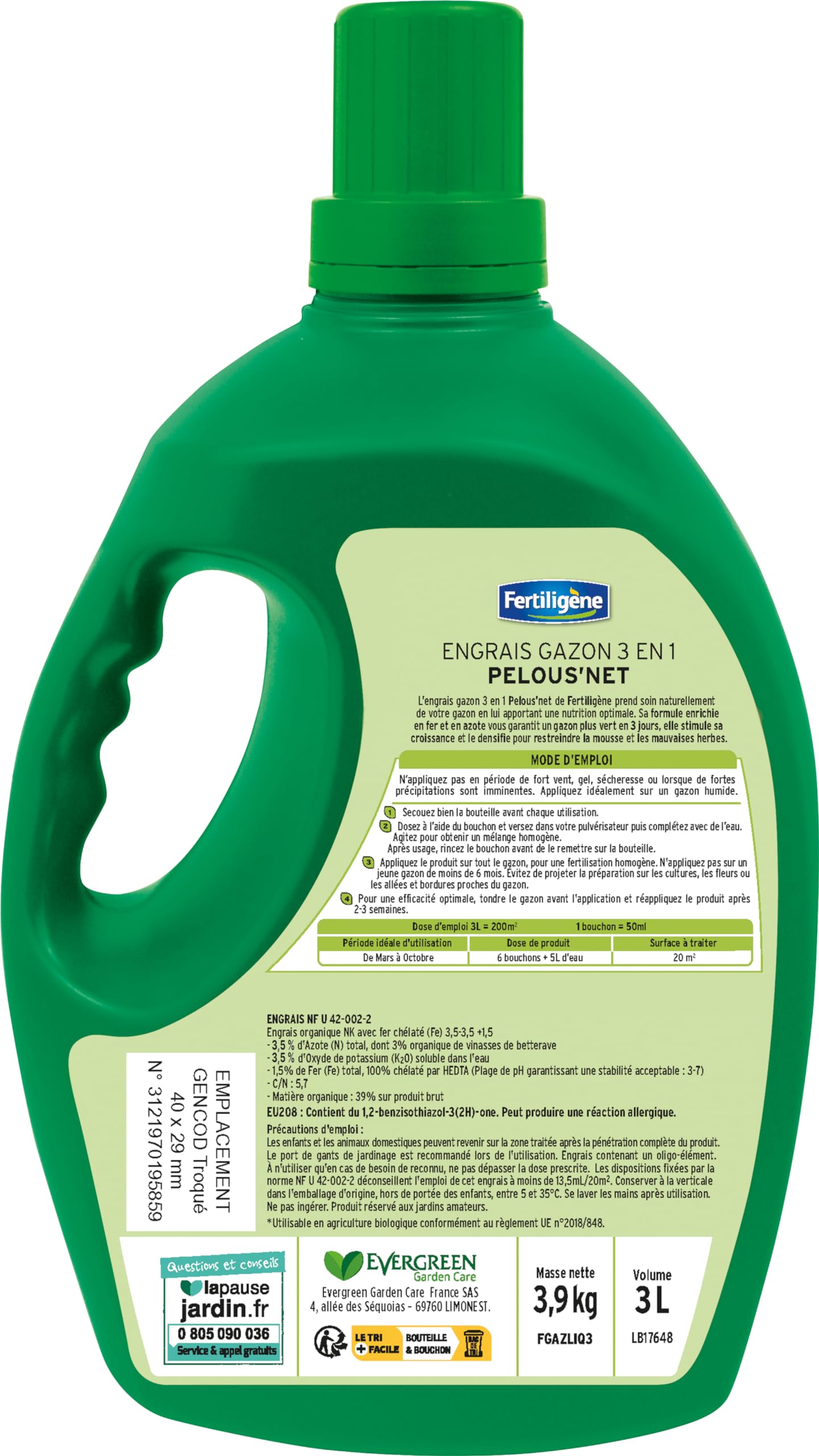 FERTILIGENE FGAZLIQ3 - Engrais Liquide Gazon 3 en 1 Pelous'Net 3 L - Reverdit le gazon - Limite mauvaises herbes et l'apparition des mousses - Avec bouchon doseur - Pour 200 m² - Fabriqué en France