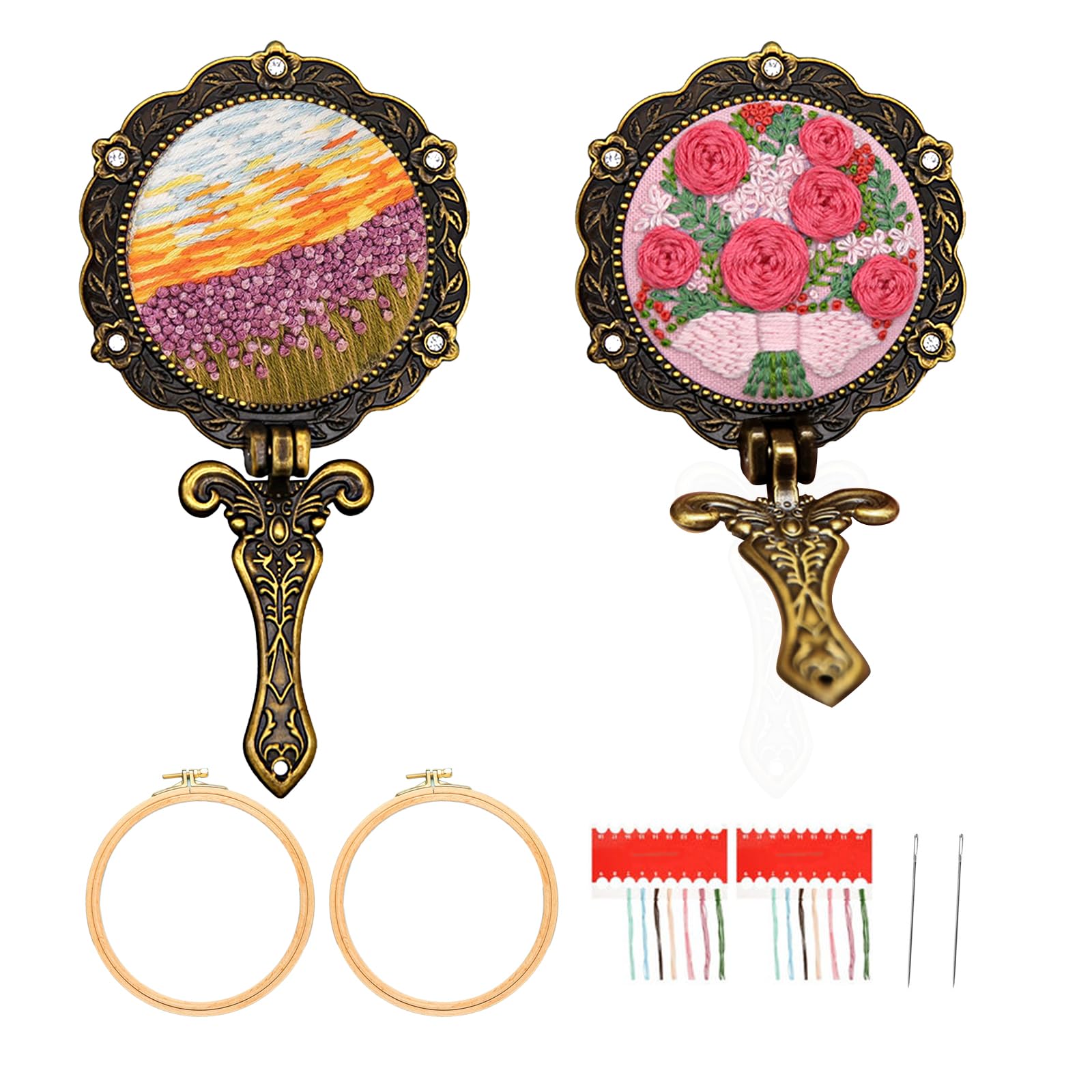 cimsfcor 2 Pcs DIY Embroidery Mirror Set, Foldable Handheld Makeup Mirror, Antique Finish, 14.5*7.5cm, Round, Frameless, Standing/Leaning, Bronze