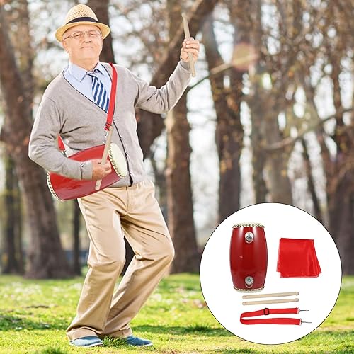 Miniatura 8 de Vaguelly 1 Unidades de tambor de cintura de piel de vaca tradicional chino tambor de mano duradero para niños ancianos rendimiento, 7.1x3.5x3.5 in