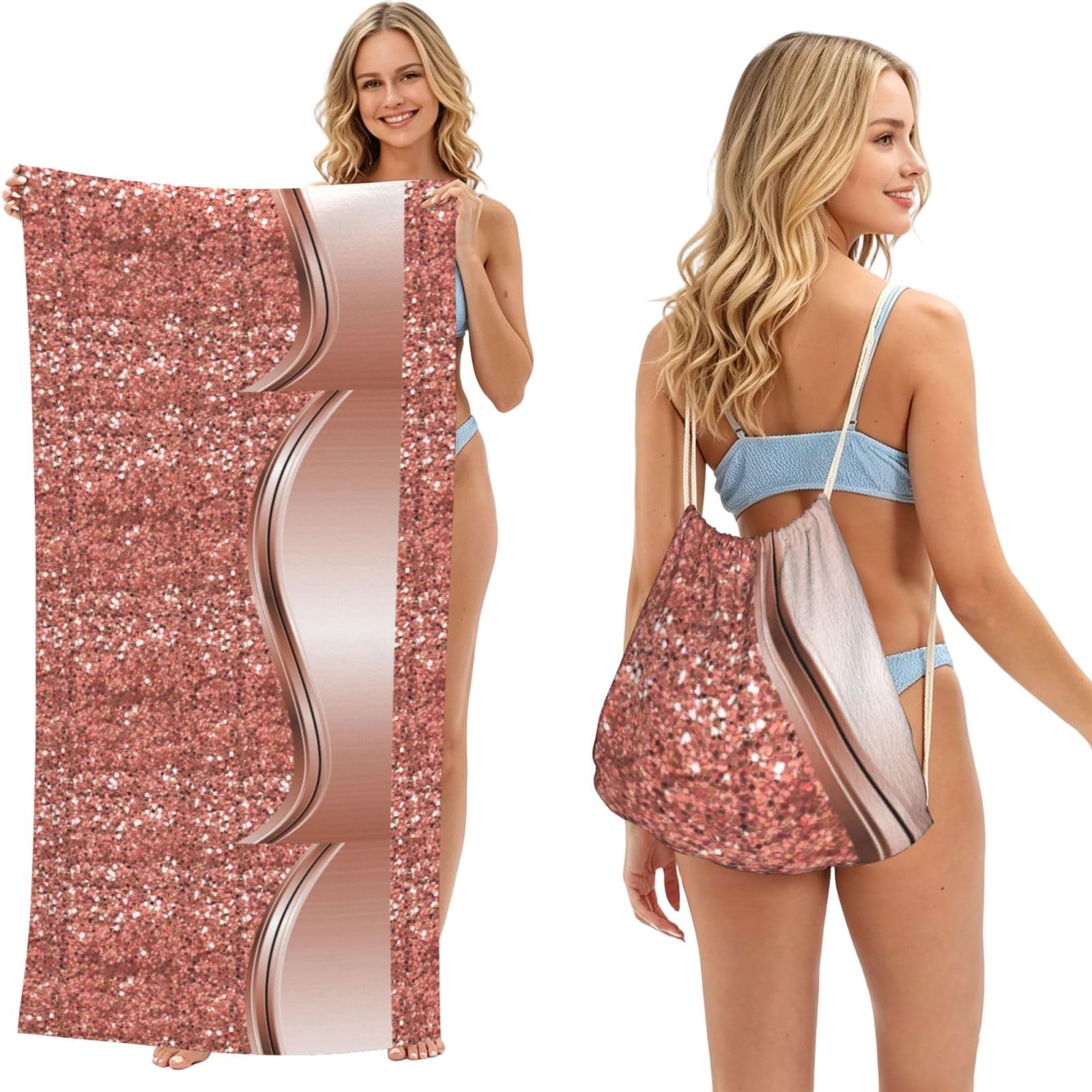 Poadnly As Picture Rose Gold Sparkle Glam Bling, 2 In 1 Packable Towel Bag, Beach Towels With Drawstring Backpack For Travel Holiday Camping