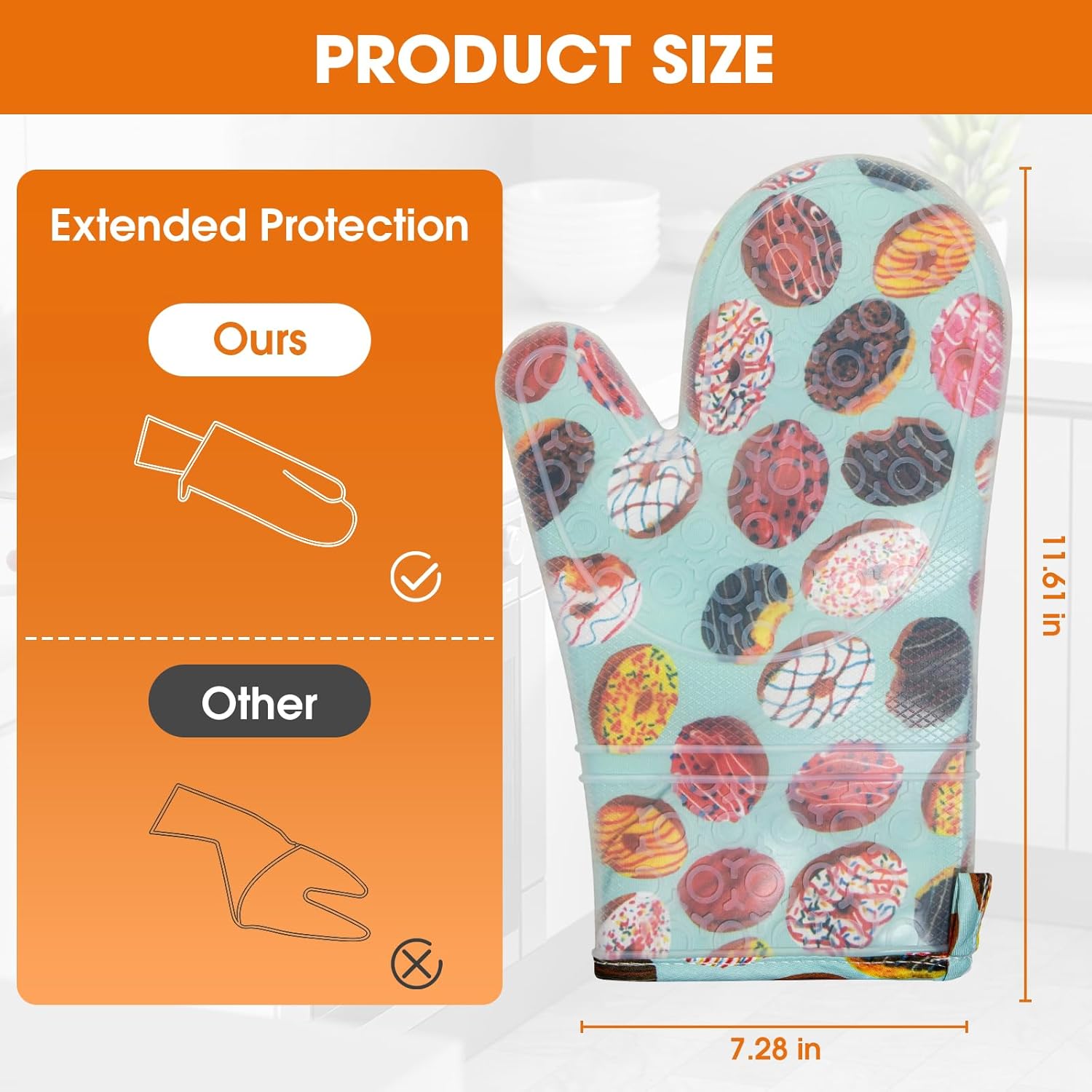 Silicone Oven Mitts Set Heat Resistant 2PCS Kitchen Mittens with Soft Cotton Lining Long Waterproof Non-Slip Oven Gloves for Cooking, BBQ, Baking-Donut - Image 2