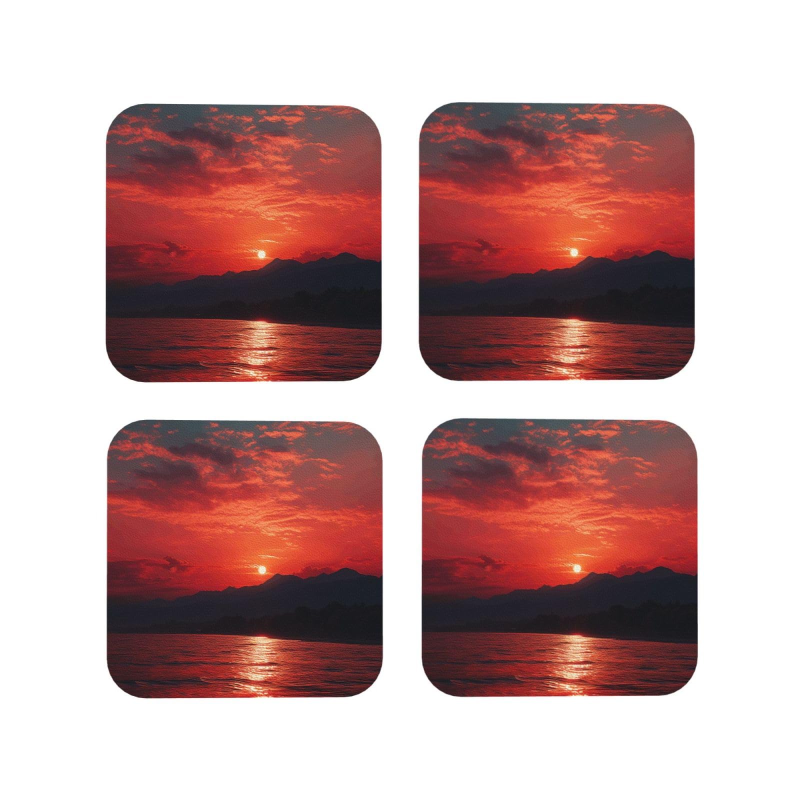 4pcs Drink Coasters for Tabletop Protection, 4" Leather Coasters for Drinks, Fiery Red Sunset Cup Coasters for Coffee Table Decor, Non-Slip Drinking Cup Mat for Hot Or Cold Drink