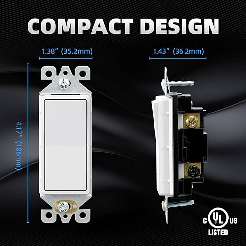 Miniatura 5 de ELEGRP Interruptor de luz decorativo de 3 vías, blanco mate, 15 amperios, 120-277 voltios, repuesto de interruptor de pared de paleta basculante de