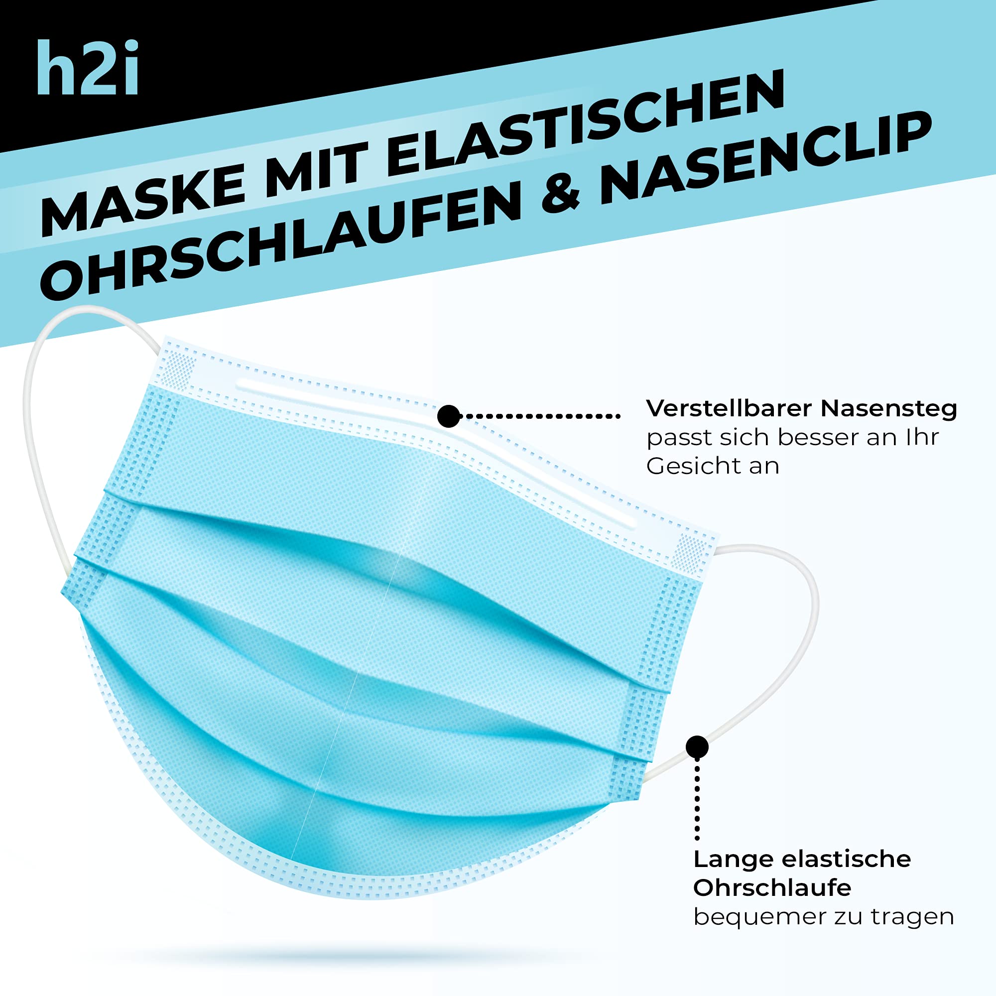 50 x 100 x 250 x 500 x 1000 x 2000 x 5000 x 10 000 pièces - 3 couches - H2i - Masque de protection pour le nez.