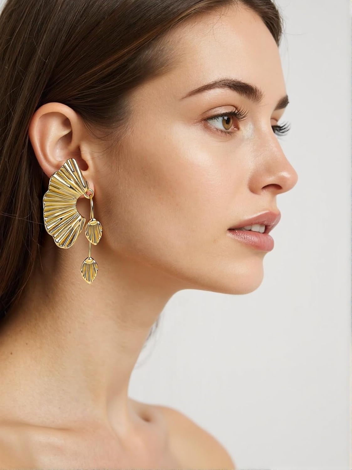 14K Gold Plated Chunky Dangle Earrings for Women Hypoallergenic Swaying Leaf & Fan Shell Design Fashion Statement Jewelry - Image 2