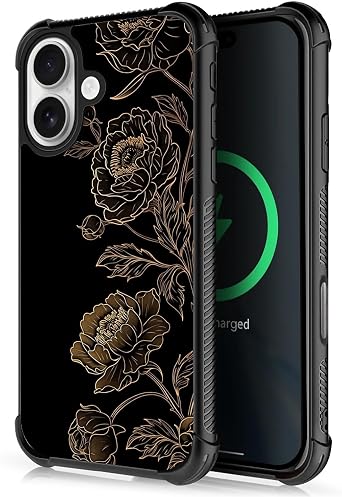 for iPhone 17 Case,for MagSafe Graphic Design for Girl Boy Soft Silicone Hard Acrylic Shock Protection Designed for iPhone 17 Gold Blooming Flower Dark Pattern
