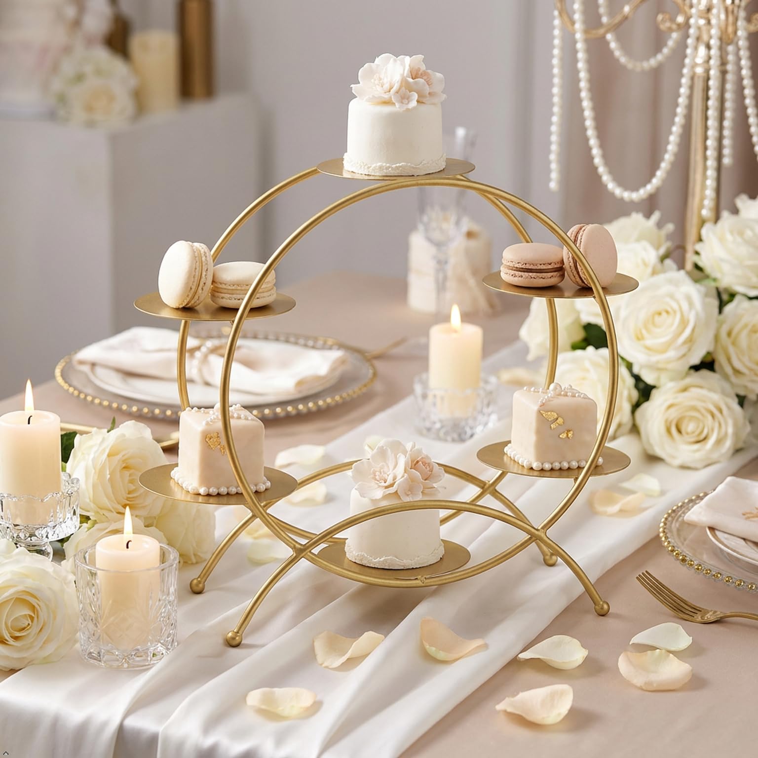 Soporte de metal para cupcakes, decoración creativa de boda y soporte de mesa de postre personalizado para aniversario, cumpleaños y fiesta (tamaño grande, dorado)