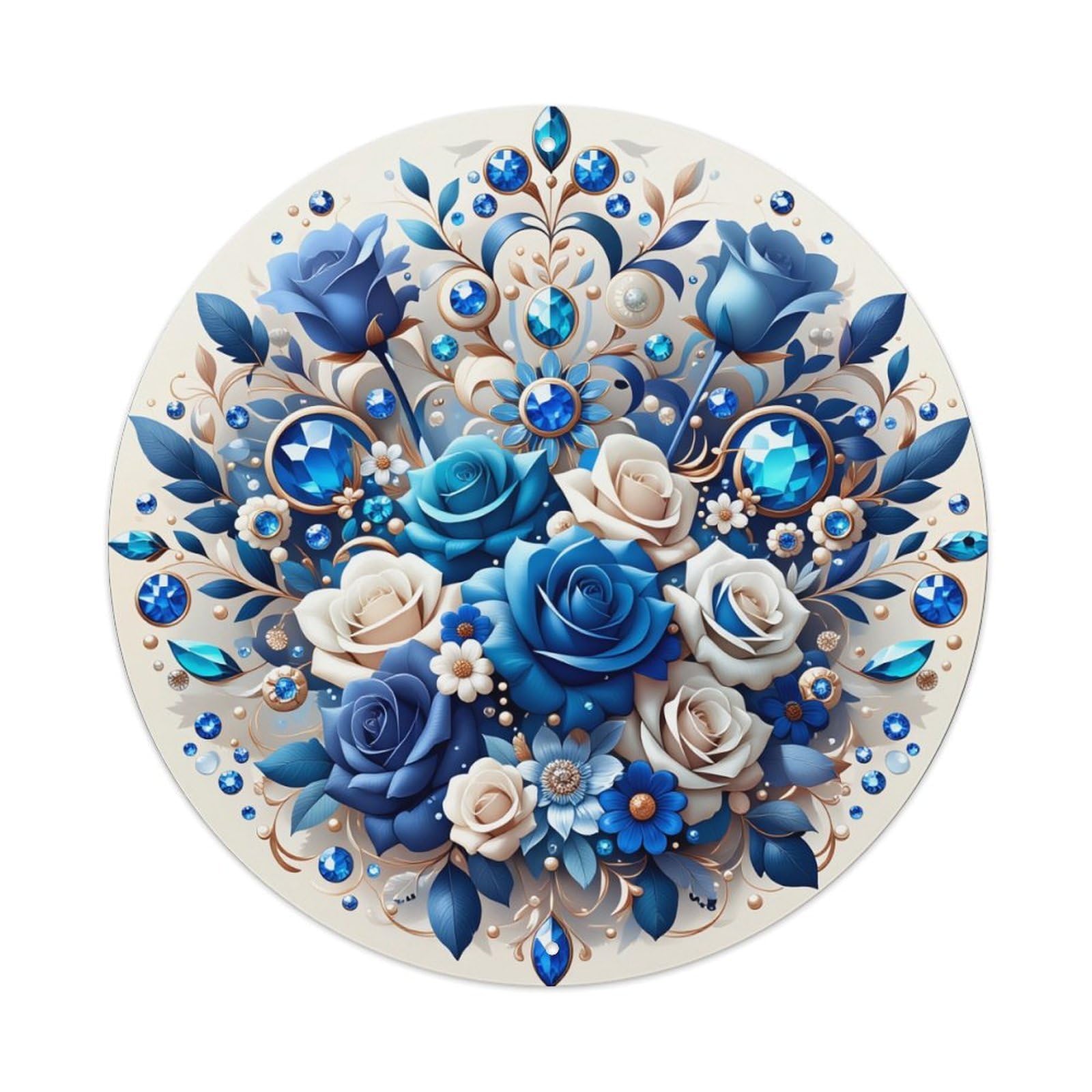 Blue Roses And Gems Pattern Round Tin Sign Vintage Metal Poster, Home Bar Garage Man Cave Cafe Indoor & Outdoor Wall Decoration 8x8Inches