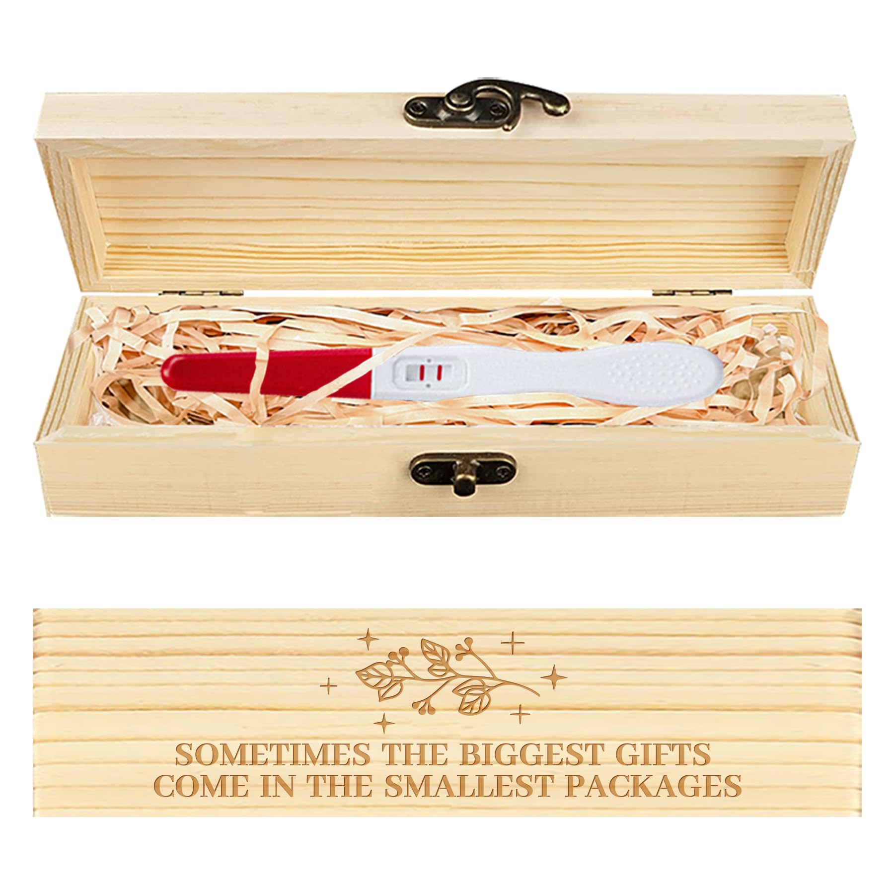 CHGCRAFT Pregnancy Test Keepsake Box Starlight Leaves Wooden Pregnancy Announcement Gifts Box with Raffia Ribbon and Lock Announcement Gifts for Dad Husband 8x2x1.2 inch