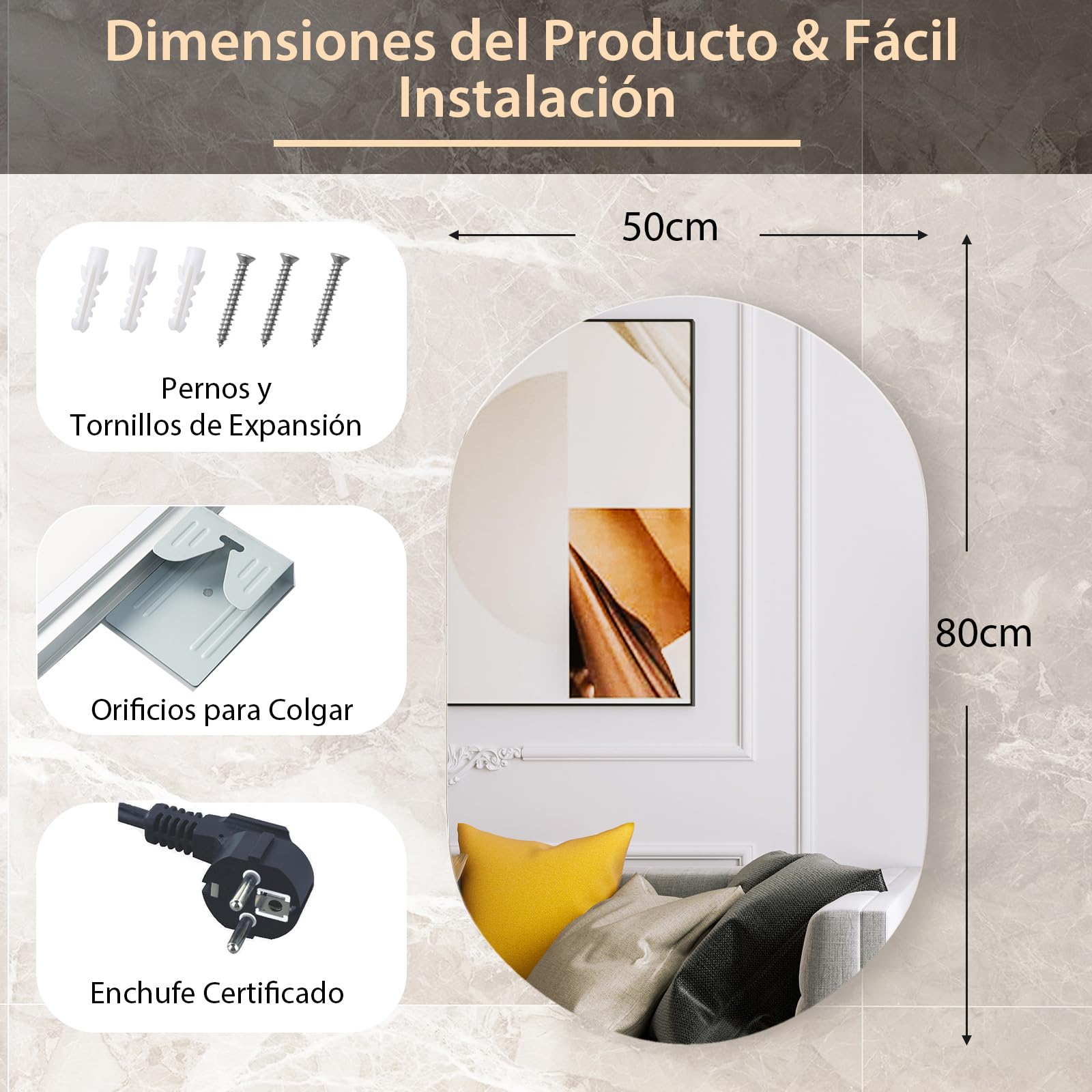 COSTWAY Espejo de Pared LED Ovalado de 80 cm x 50 cm, Retroiluminado y Ajustable en Intensidad, Espejo con 3 Luces de Color e Botón Táctil Inteligente, Antiniebla y a Prueba de Explosiones