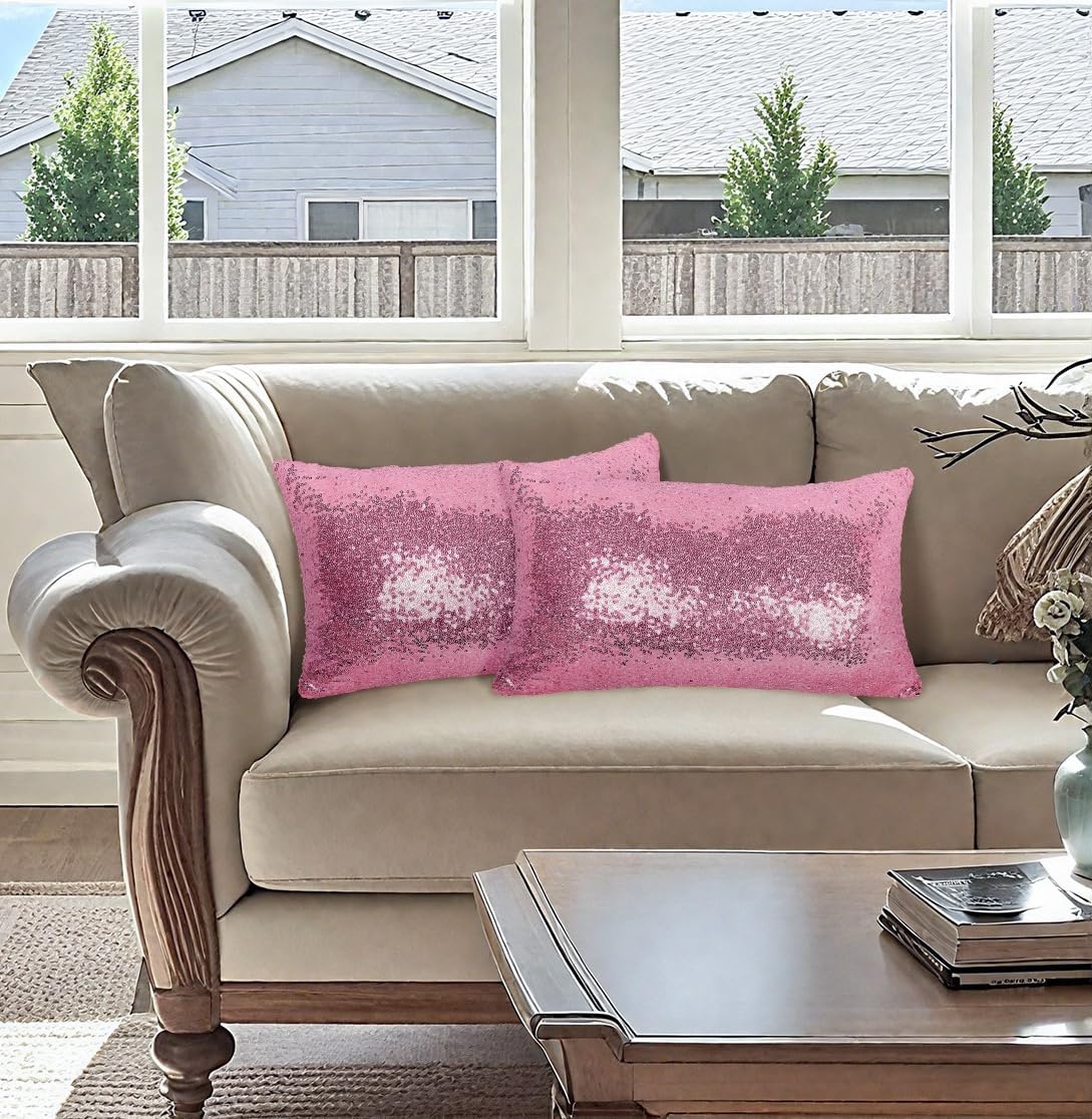ShinyBeauty Pink Gold Sequin Pillow Covers 20x12 Inch 2-Pack, Reversible Glam Holiday Decor for Christmas Thanksgiving Sofa Bed Couch Throw Pillow Cases