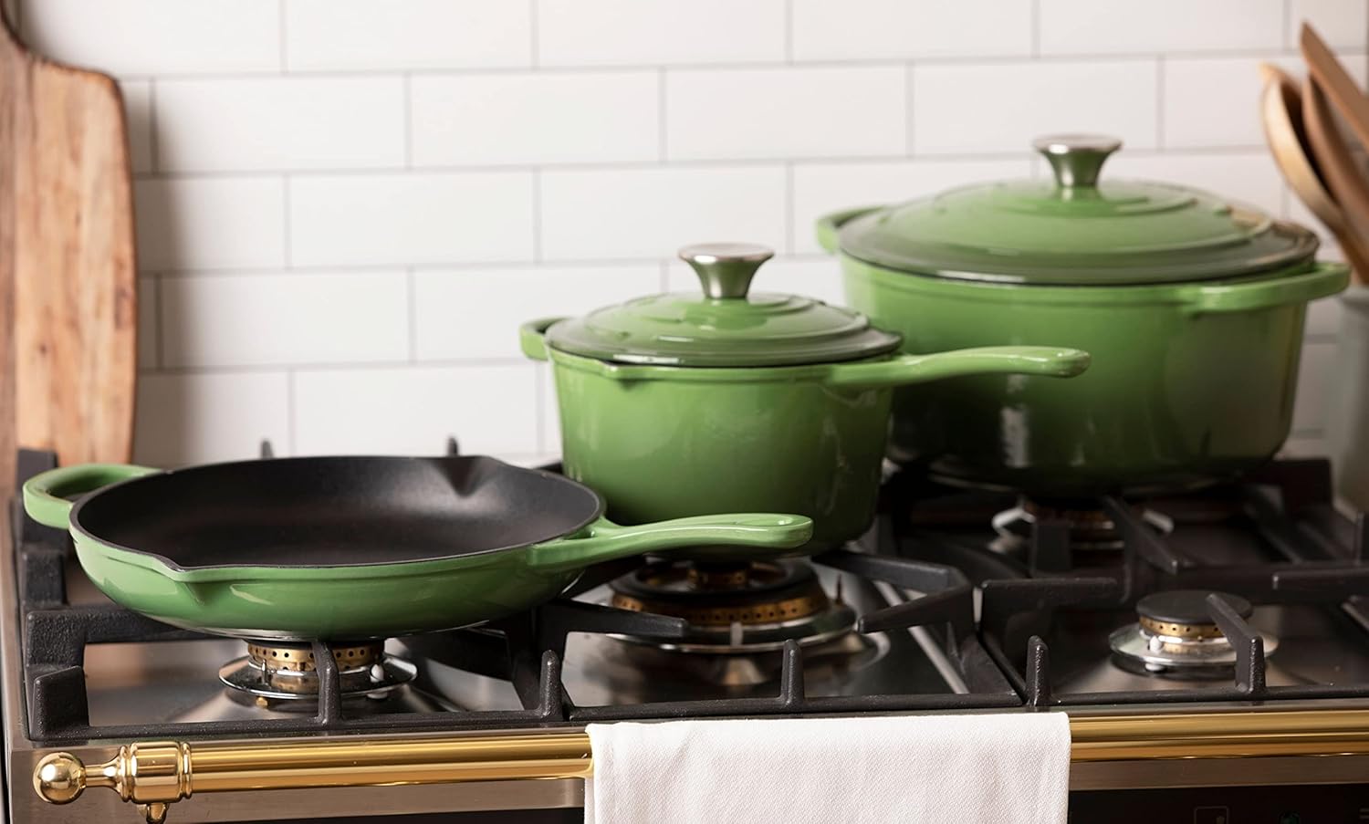 Larder & Vine 5-Piece Enameled Cast Iron Cookware Set - Includes 5.7 Quart Dutch Oven with Lid, 10.25 Inch Skillet, 2.2 Quart Saucepan with Lid (Okra)