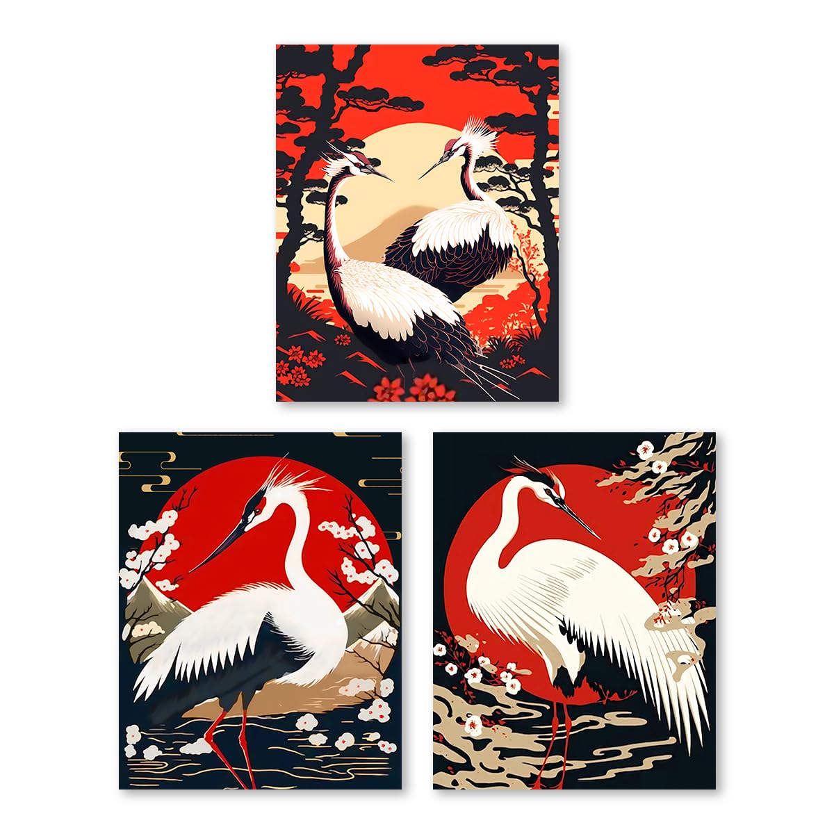 QridRir Chinese and Japanese Combine Wall Art,Sakura and Cranes Posters,Red Sun Landscape Canvas Art Prints,Oriental Style Home office Decoration,8x10inches Unframed Set of 3