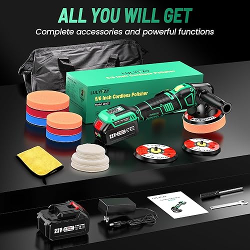 Miniatura 7 de LULYDAY Pulidora de búfer inalámbrica de 21 V, pulidora de búfer de coche de 5 y 6 pulgadas con orbital aleatorio de 0.59 pulgadas, con 2 baterías