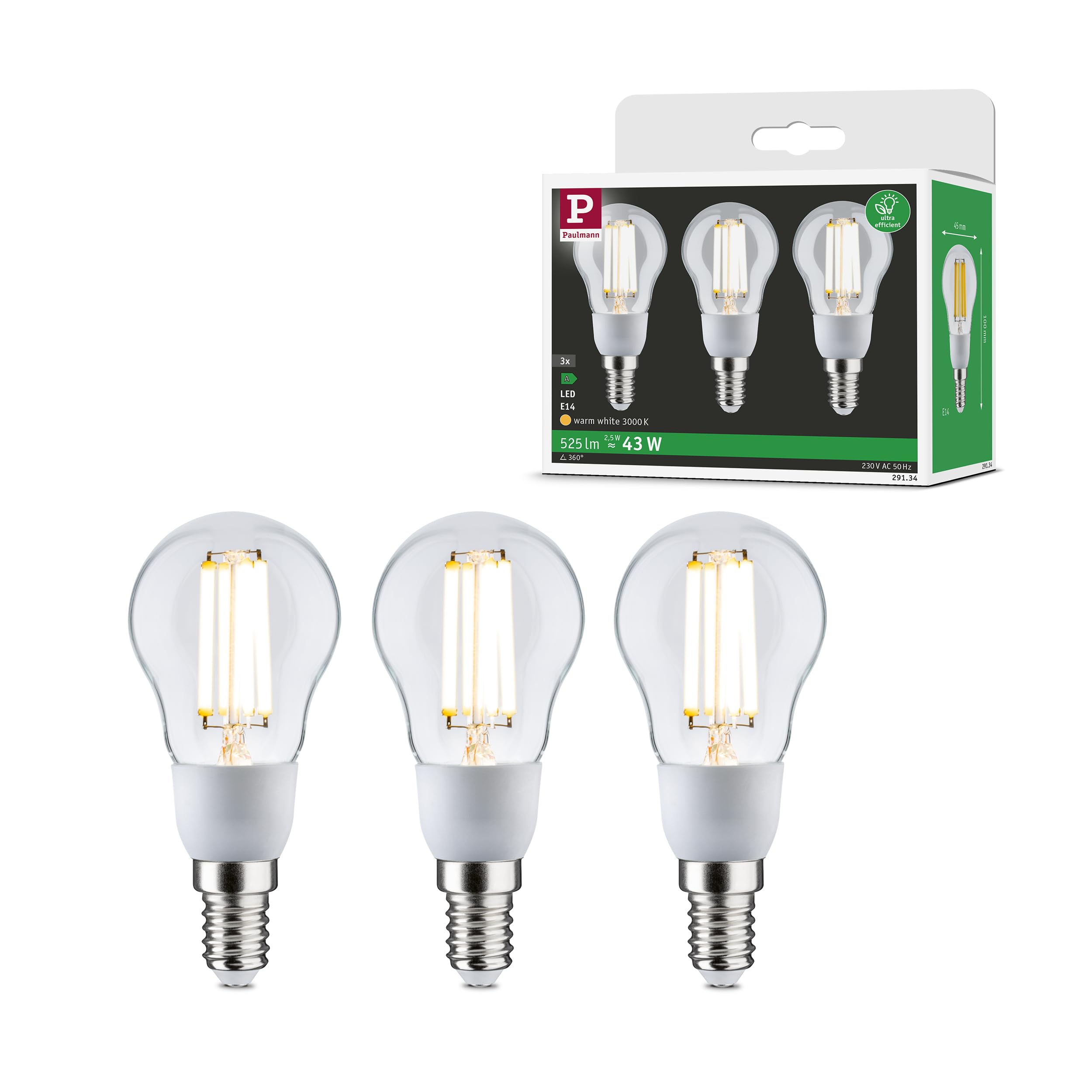 Paulmann 29134 Eco Line Filament 230V LED Drop E14 3-piece Set 100mm 3x525lm 3x2.5W 3000K Clear lamp