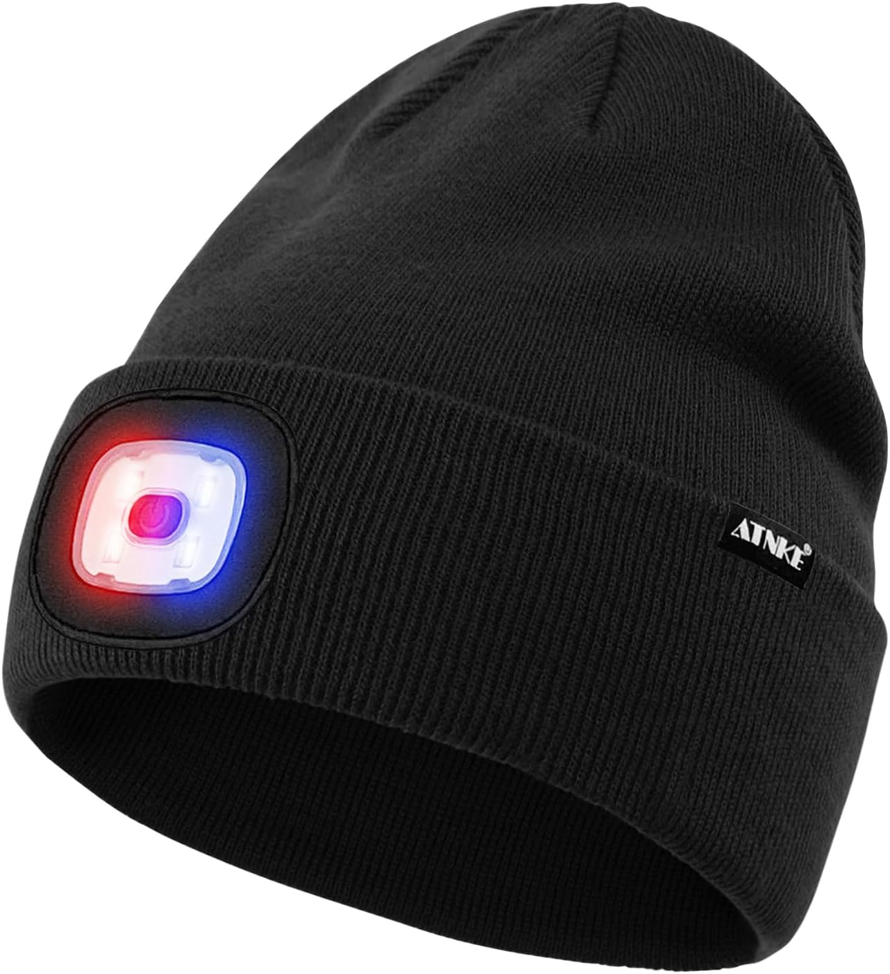 ATNKE LED Lighted Beanie Hat,USB Rechargeable 4 LED Red and Blue Flashing Running Headlamp Cap Gifts for Men and Women