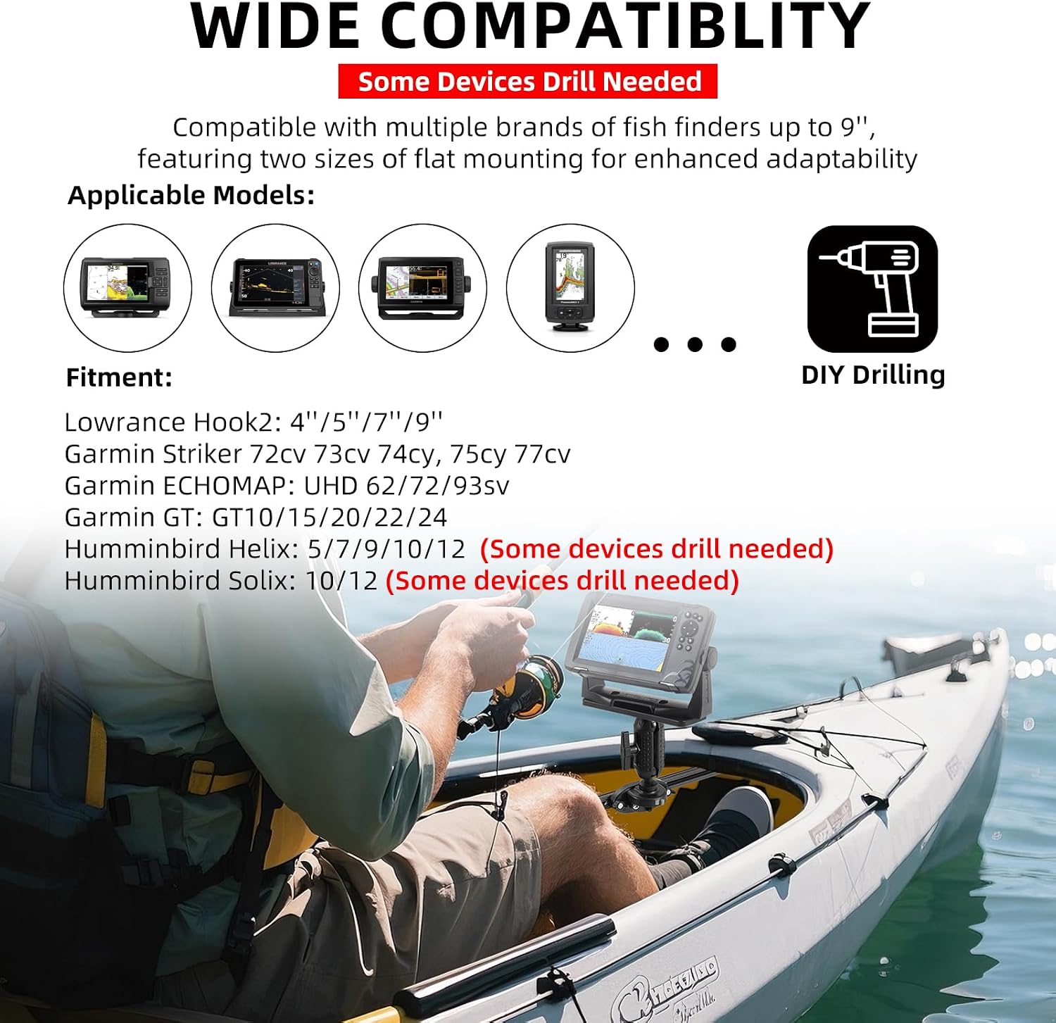HITORHIKE Kayak Fish Finder Mount with Transducer Arm Options Holds up to 9" Electronics Compatible with Garmin Lowrance Humminbird(Side Track Mount Base Set)