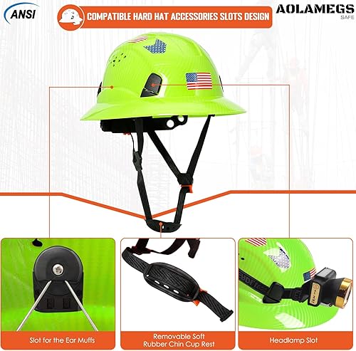 Miniatura 5 de Aolamegs Safe Casco duro de ala completa con diseño de fibra de carbono verde lima con visera, construcción ventilada, aprobado por la OSHA para