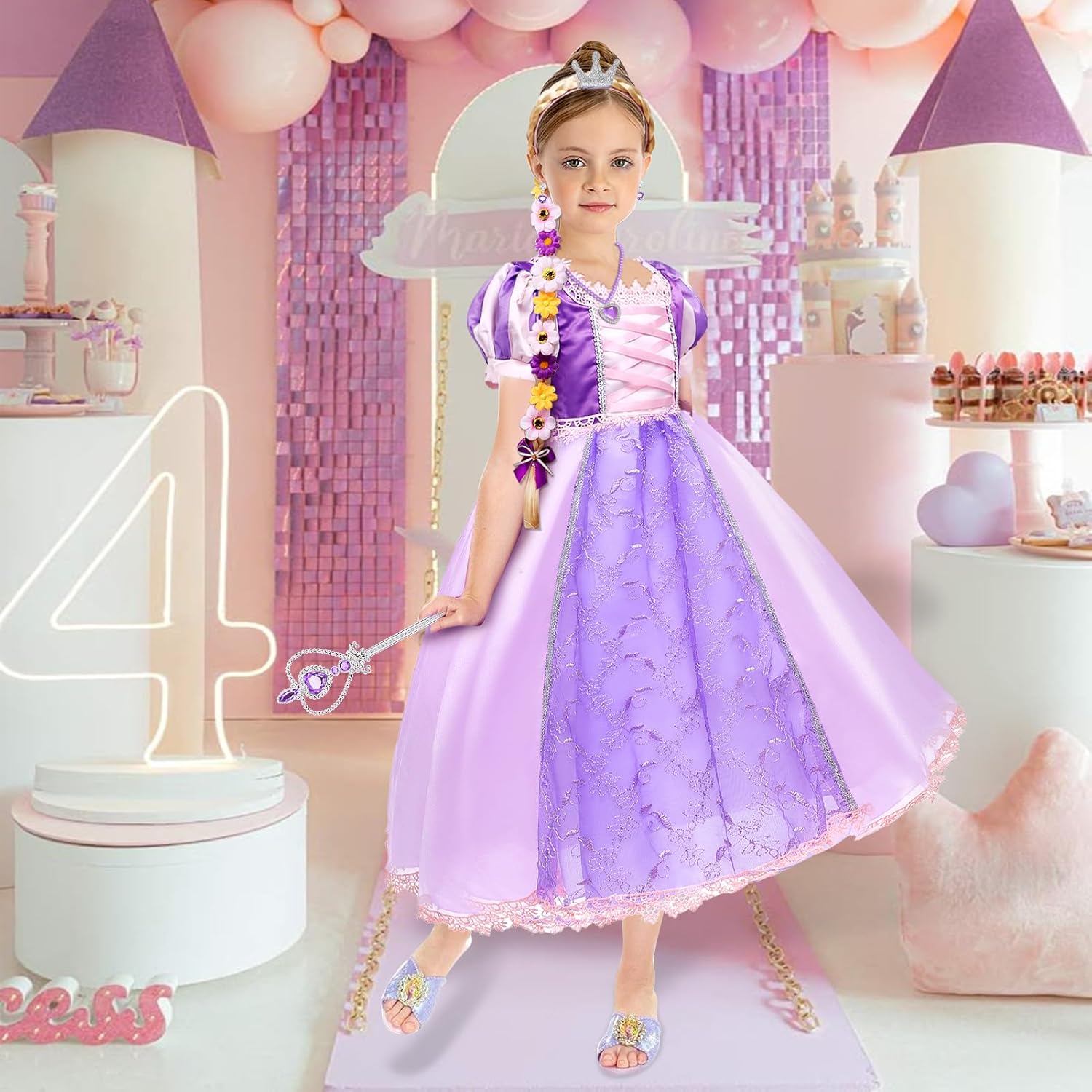 G.C Girls Princess Dress Costume with Wig Toddler Princess Dress Up Clothes Kids Crown Wand Halloween Cosplay Birthday Gifts - Image 6