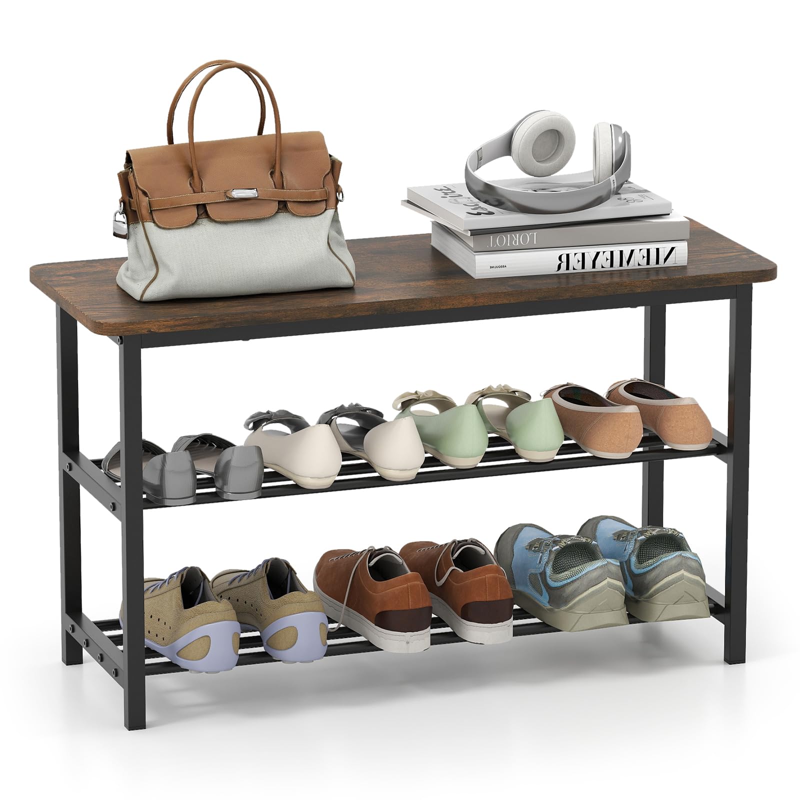 COSTWAY Shoe Rack Bench, 3-Tier Shoe Organiser Storage Shelf with Seat, Industrial Metal Frame Hallway Bench Shoes Stand Unit for Entryway, Living Room and Bedroom, 80x30x46cm, Rustic Brown+Black