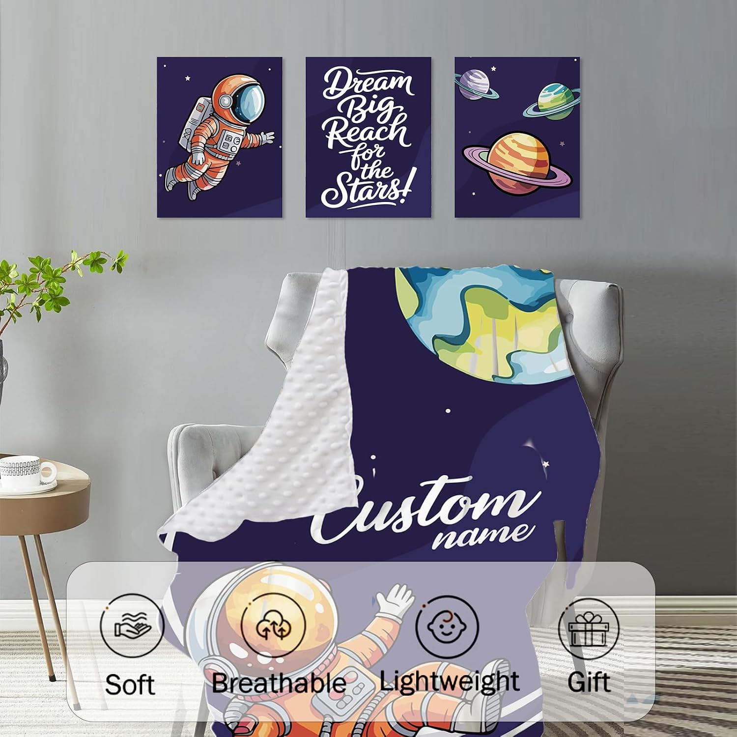 Personalized Baby Crib Bedding Set, Custom Name Nursery Bedding Sets 4PCS - Minky Blanket Fitted Sheet Nursery Rug Wall Art Set, Astronaut Rocket Theme Nursery Décor for Newborn Boys