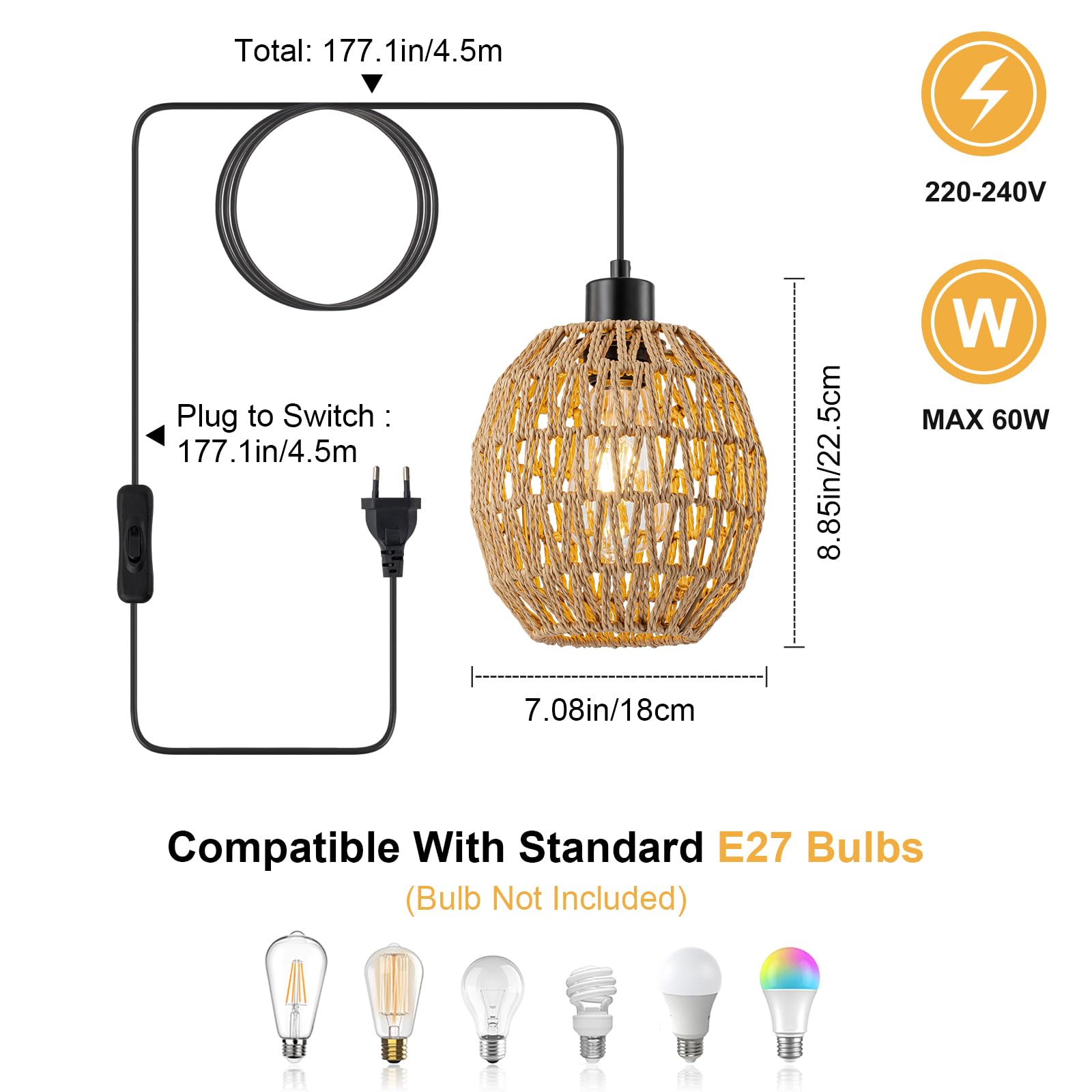 WILON Lampada a sospensione con spina, lampada a sospensione in rattan, lampada da tavolo da pranzo | Con cavo da 4,5 m, lampada da appendere alla finestra, E27, per soggiorno, camera da letto, bar, giardino, terrazza