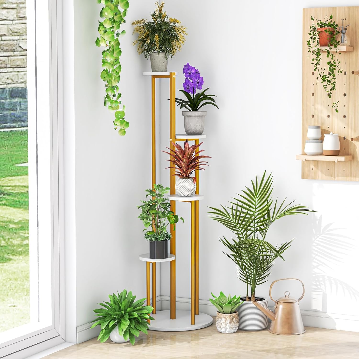 Giantex 4 Tier Plant Stand Indoor, White and Gold Tall Plant Shelf for Multiple Potted Plants, Tiered Metal Plant Holder Flower Display Rack for Living Room Balcony Porch