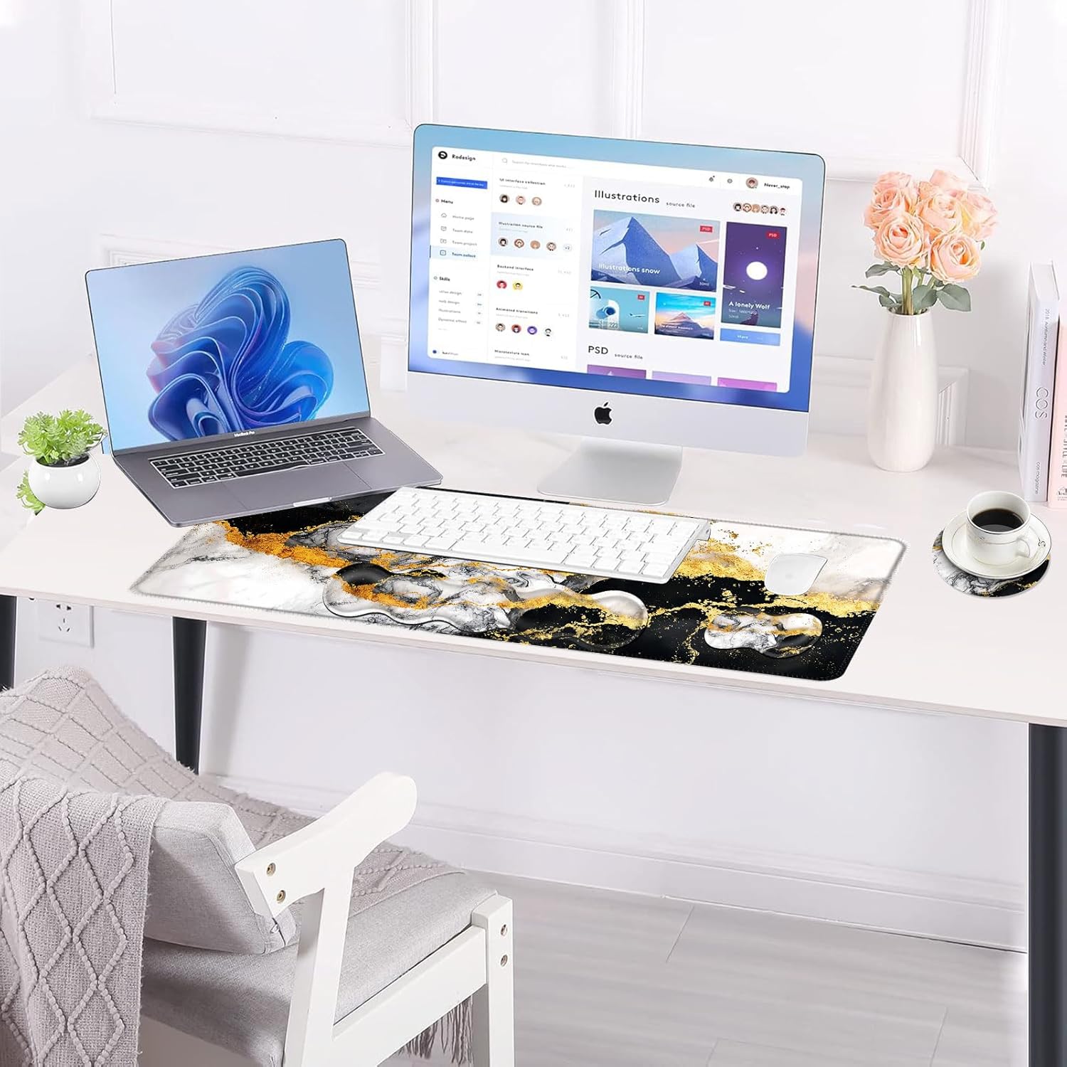 Large Keyboard Mouse Pad Set, Extended Mouse Pad+Keyboard Wrist Rest Support, Memory Foam Ergonomic Easy Typing, 4Pcs (31.5×11.8 in) Desk Pad Set for Office Home,Black and White Gold Marble