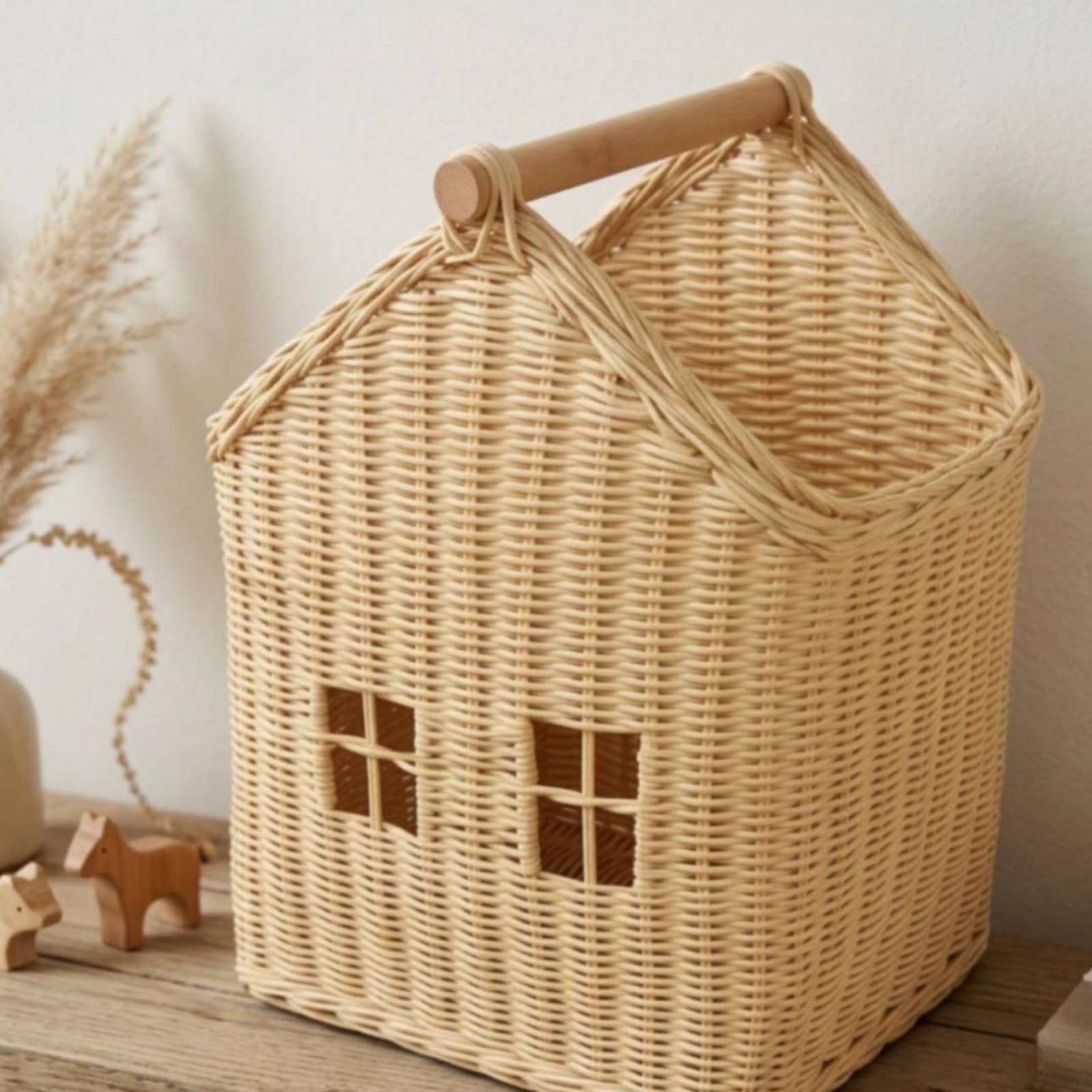 Cestino Portaoggetti Bambini Cesta Contenitore Organizzatore Cassetta Raccoglitore Intrecciato con Maniglia in Legno Leggera Trasportabile Adatto per Cameretta Libreria Tavolo, Grande