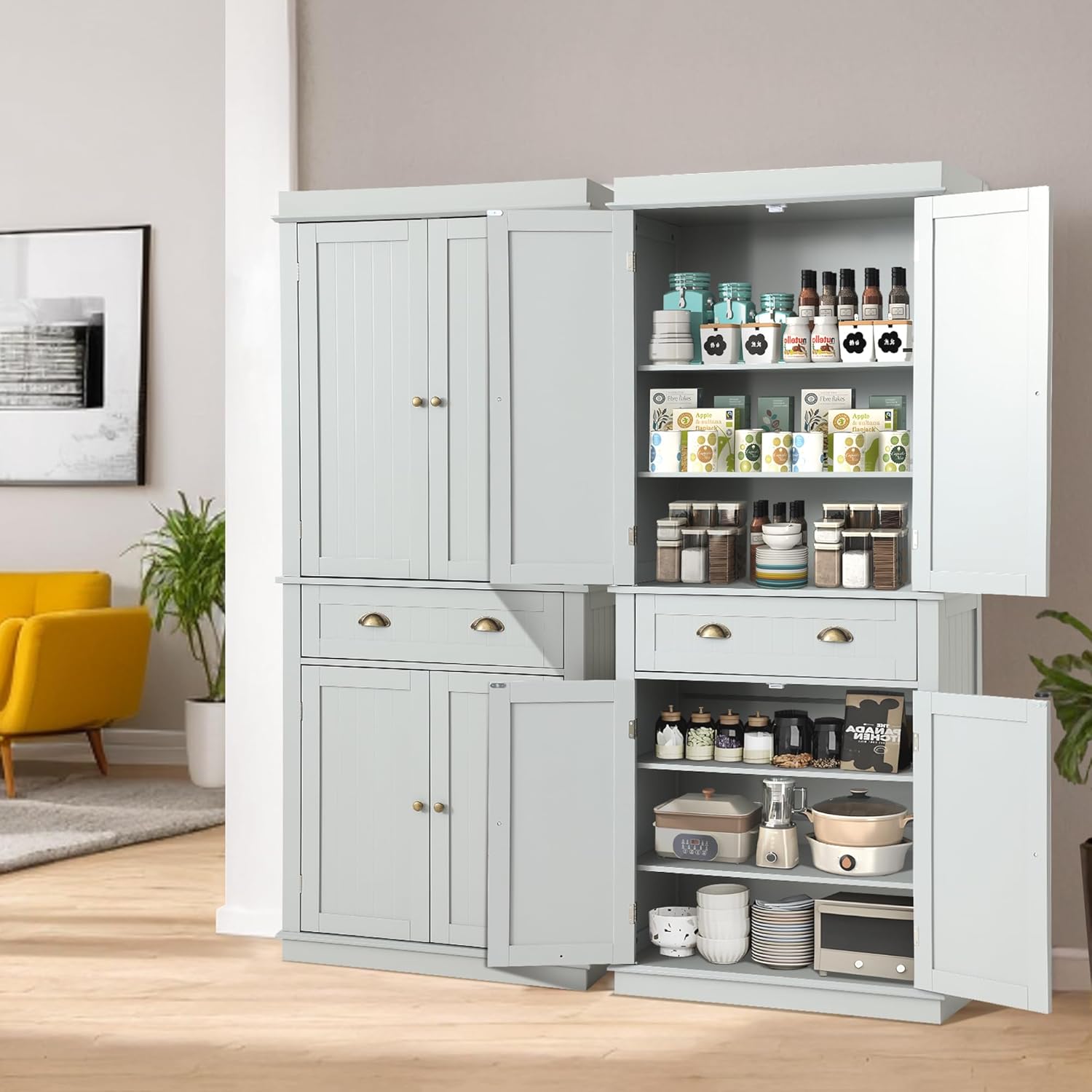 LOUVIXA 72" Kitchen Pantry Storage Cabinet, Freestanding Cupboard with 2 Cabinets, Drawer and Adjustable Shelves, Tall Storage Cabinet for Kitchen, Dinning Room, Living Room (Light Grey)