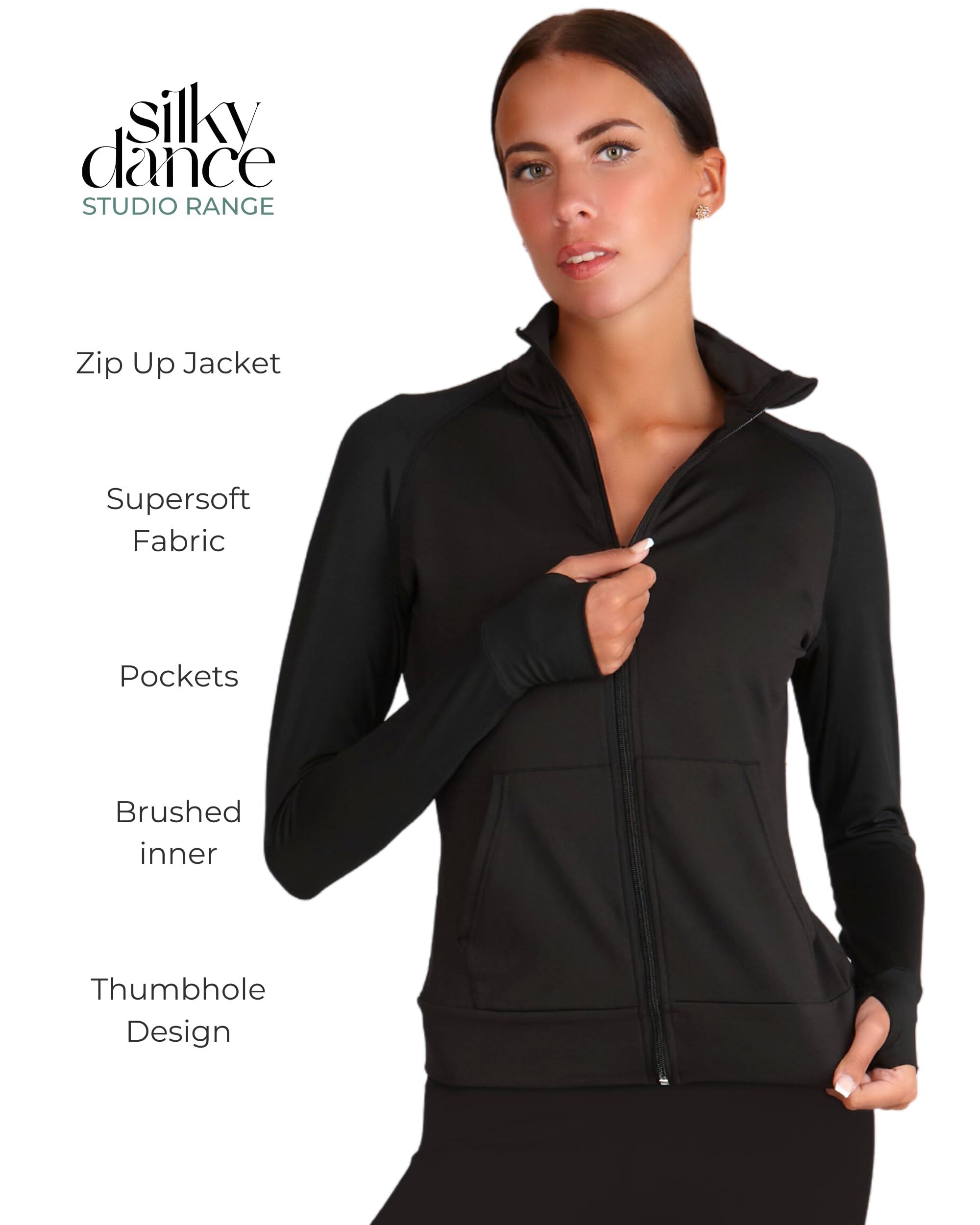 Silky Dance Veste de course à pied zippée pour femmes et filles, veste de sport à manches longues, haut de course à pied, uniforme de danse, veste noire avec trous pour les pouces et poches