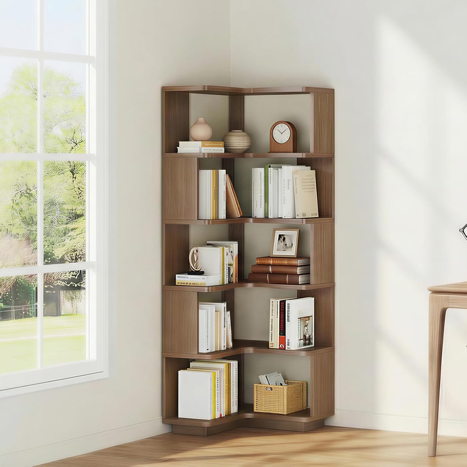 Uniclinens Corner Book Shelf, 5 Tier Corner Bookshelf Etagere Bookcase with Baffle, Freestanding L Shaped Display Shelf Stand for Home Office, Living Room, Bedroom, Kitchen, Walnut