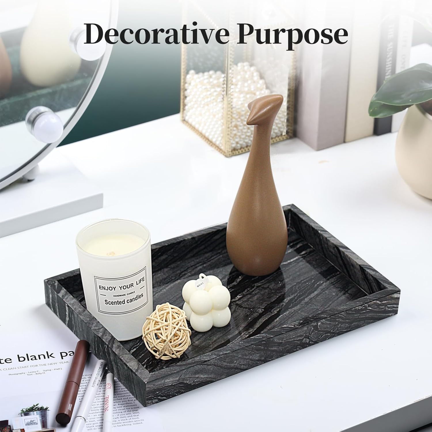 Natural Marble Tray for Bathroom, Genuine Ancient Wood Grain Marble Vanity Tray, Luxury Stone Trays for Dresser, Home Decor, Kitchen, Non-Resin/Non-Ceramic, 12"x 8", Ancient Wood Grain - Image 3