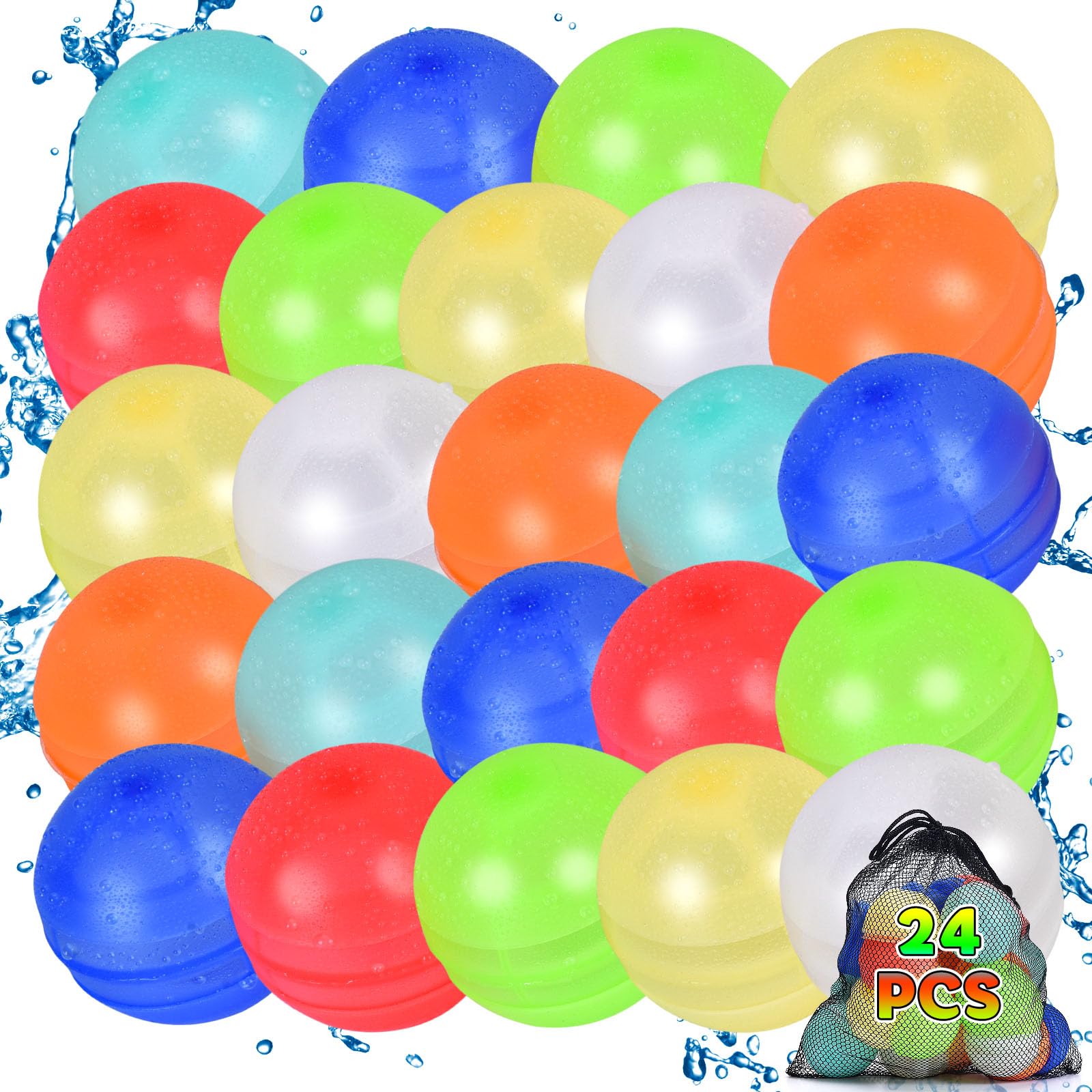 24PCS Reusable Water Balloons, Self-Sealing Silicone Water Bomb with Mesh Bag, Refillable Water Balls for Boys and Girls, Outdoor Summer Water Toys Pool Beach Park Yard