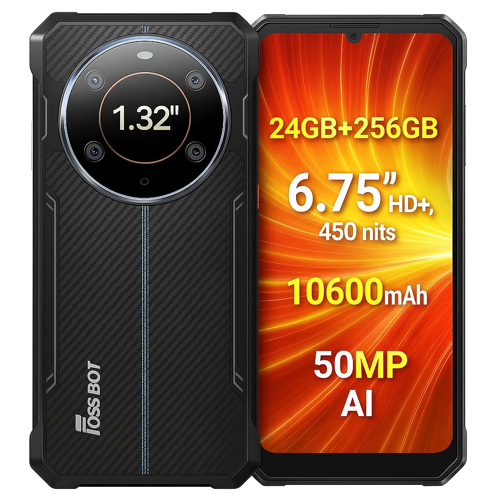 FOSSiBOT F109S Teléfono Resistente, 24GB+256GB, 6,75'' HD+ Pantalla, Innovadora Pantalla Trasera, Batería 10600mAh, 50MP IA Triple Cámara, IP68 Móvil Antigolpes, Android 15, Doble SIM NFC Negro