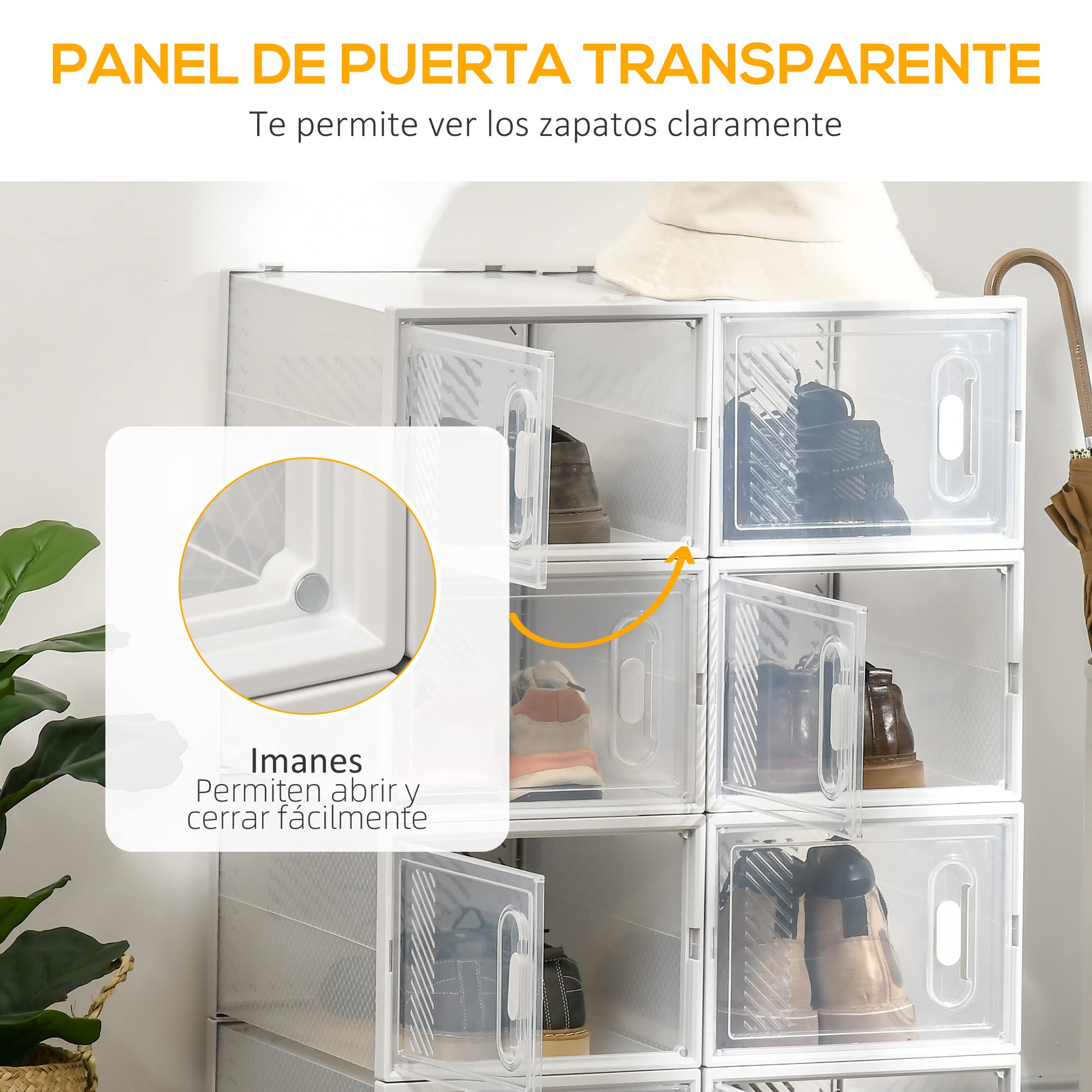 HOMCOM Cajas de Zapatos de Plástico Juego de 8 Organizadores de Almacenamiento Caja Zapatero Apilable Puertas Magnéticas para Aromas para Entrada Pasillo hasta Talla 45 Transparente