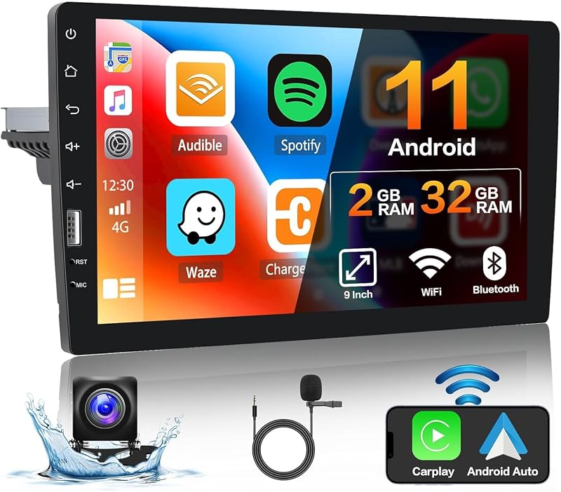 Hikity 1 DIN Android 11 Autórádió 9" Érintőképernyővel - Vezeték Nélküli CarPlay, Bluetooth, WiFi, GPS Navigáció, Tolatókamera, 2GB RAM + 32